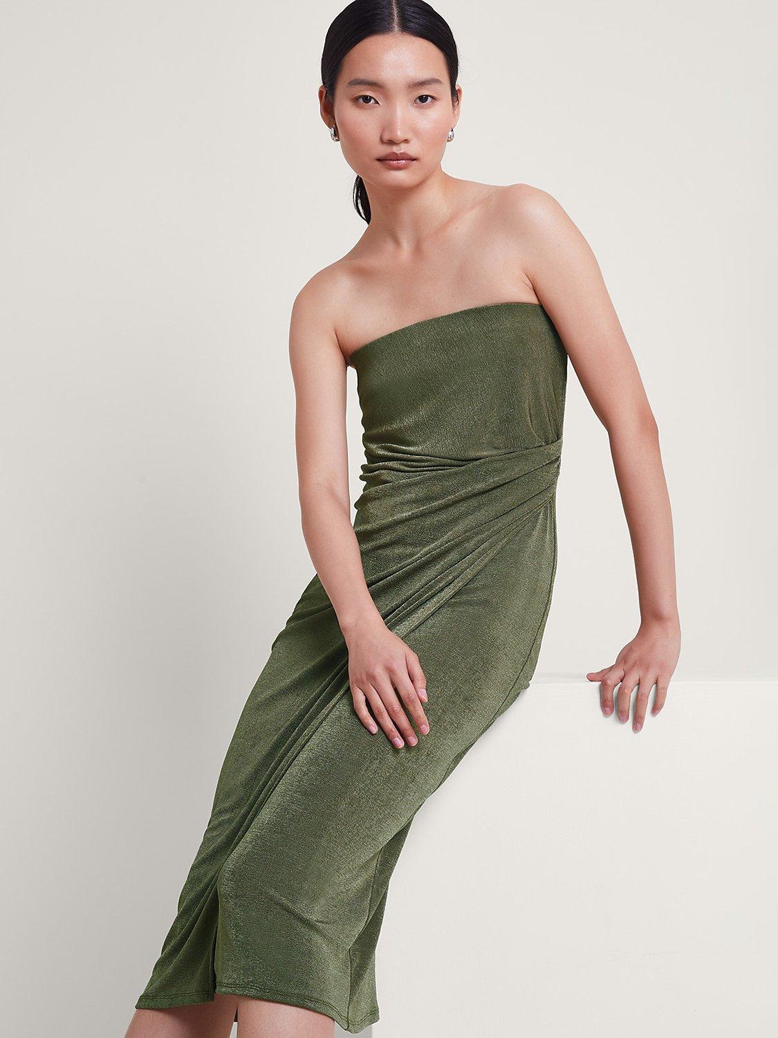 Product image 3 of 5, which shows Monsoon Billi Ruched Bandeau Dress, Khaki, 20