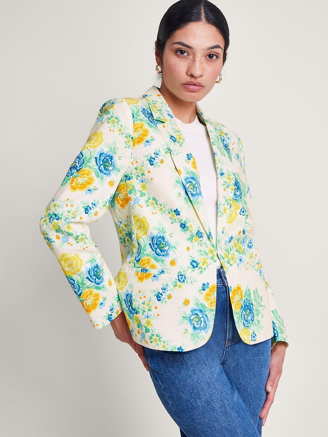 Monsoon Zimira Floral Print Single Breasted Blazer, Ivory/Multi