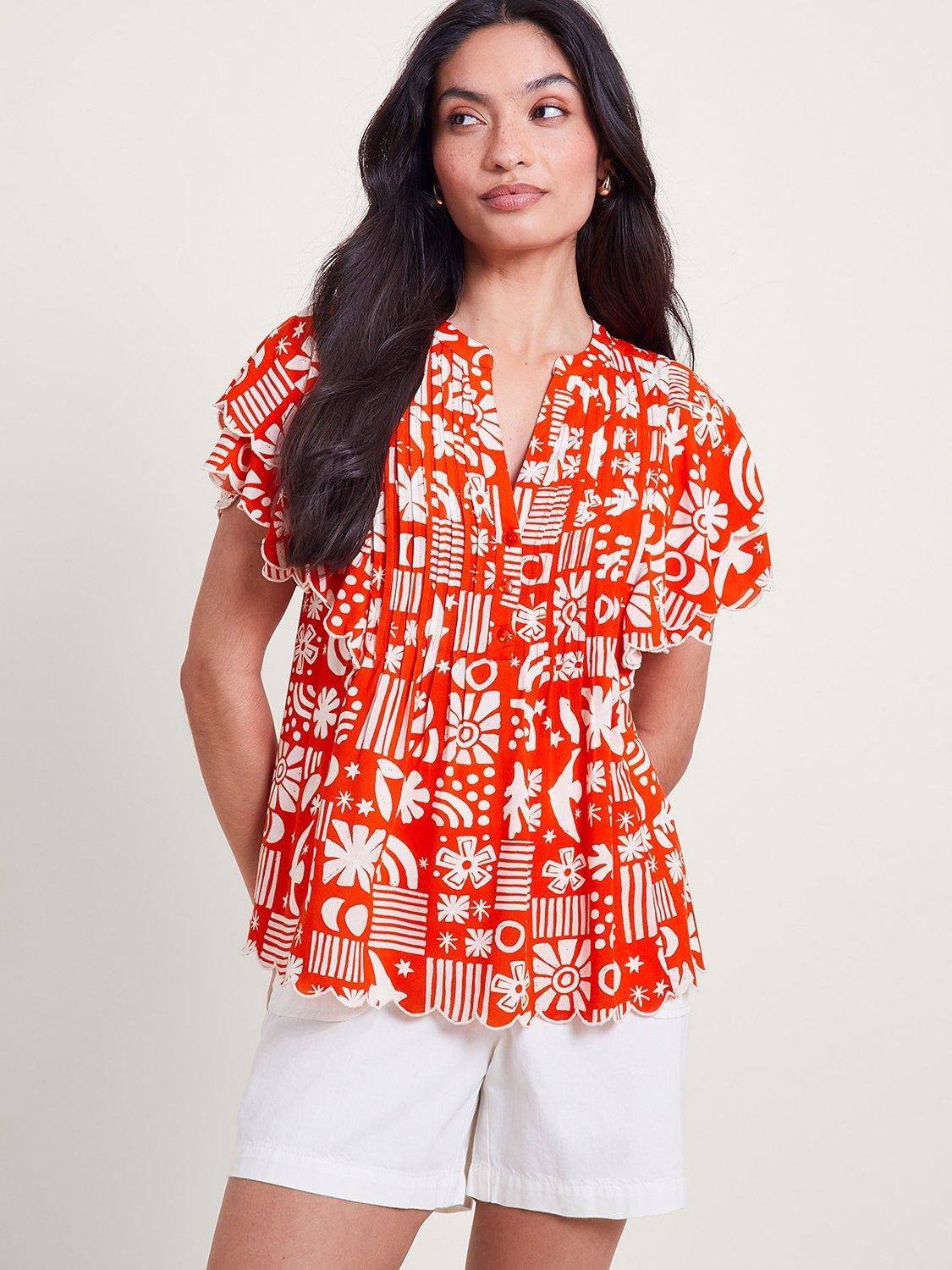 Monsoon Dario Novelty Print Pleat Yoke Top, Red