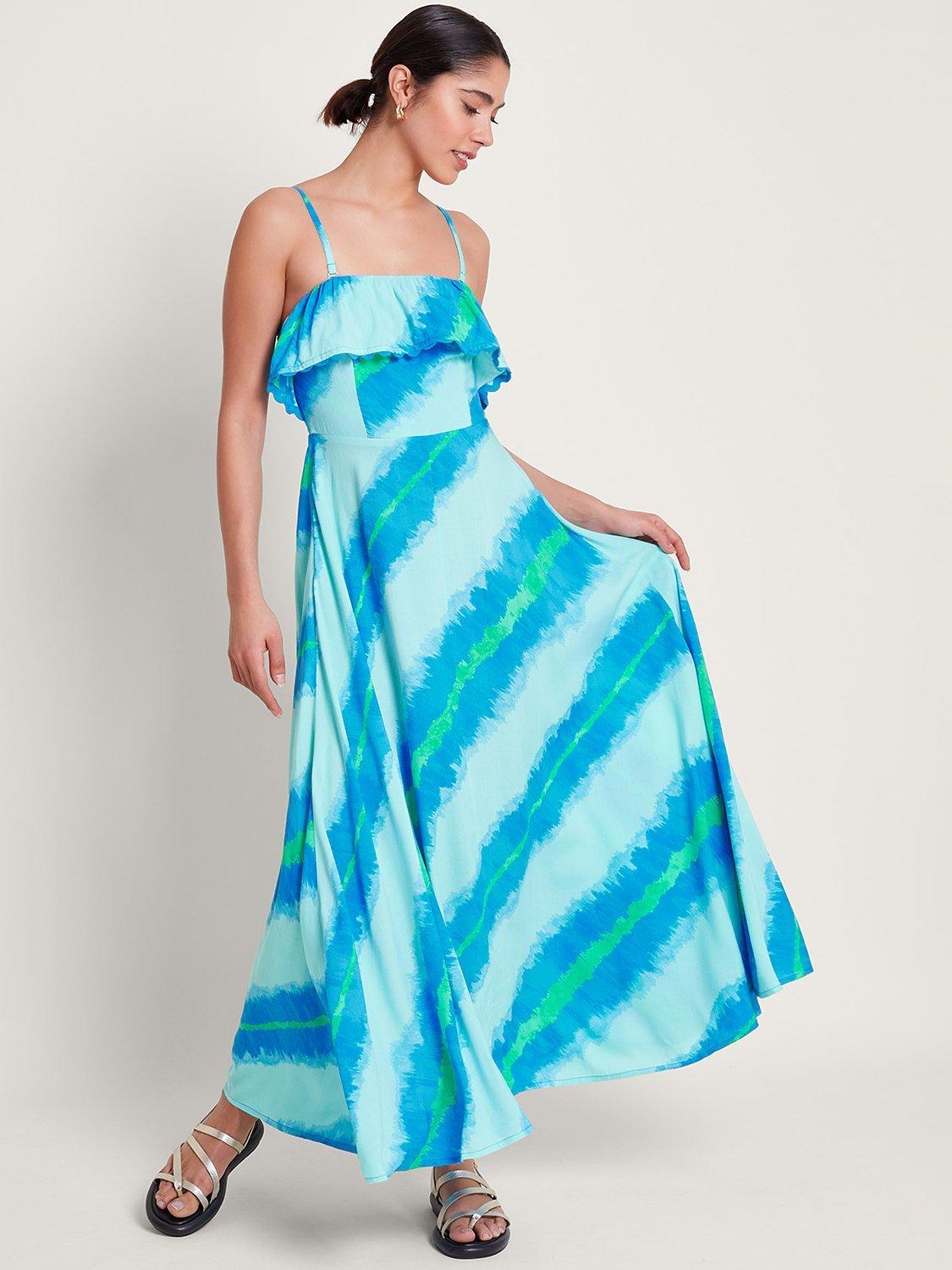 Monsoon Zifia Bandeau Frill Maxi Dress, Blue/Multi, Blue/Multi