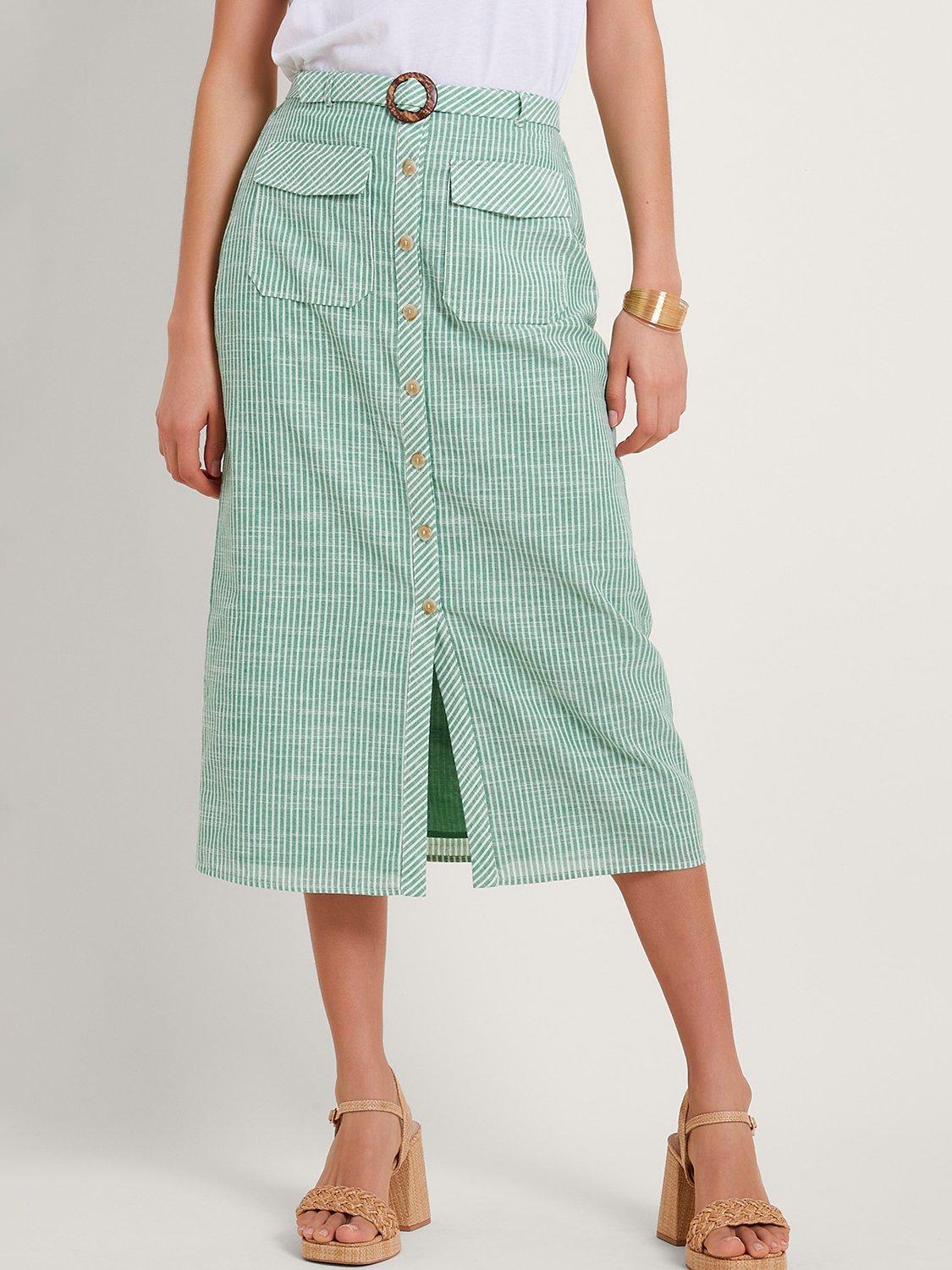 Monsoon Athena Button Down Midi Skirt Green