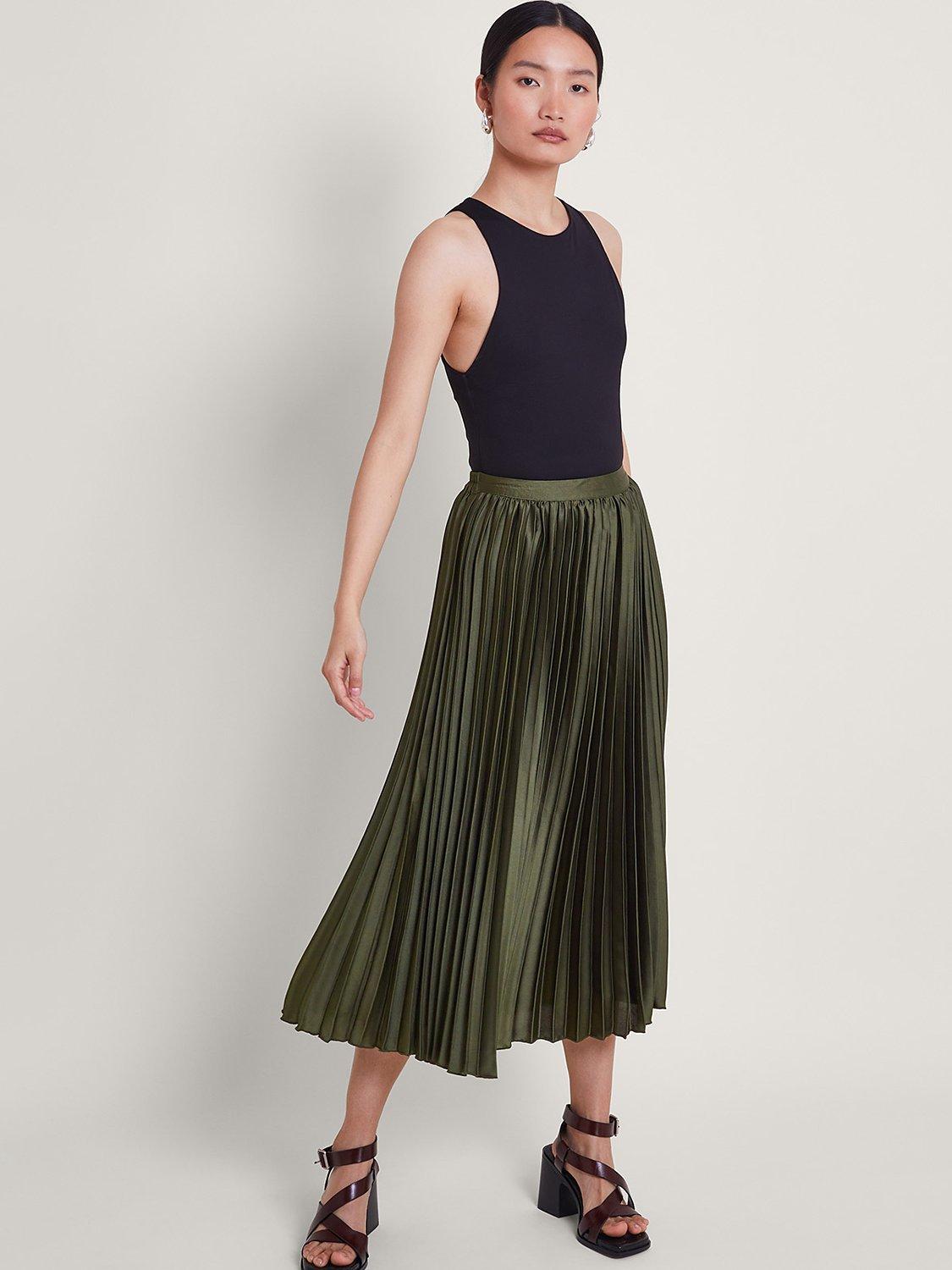 Monsoon Evelyn Pleated Midi Skirt Khaki
