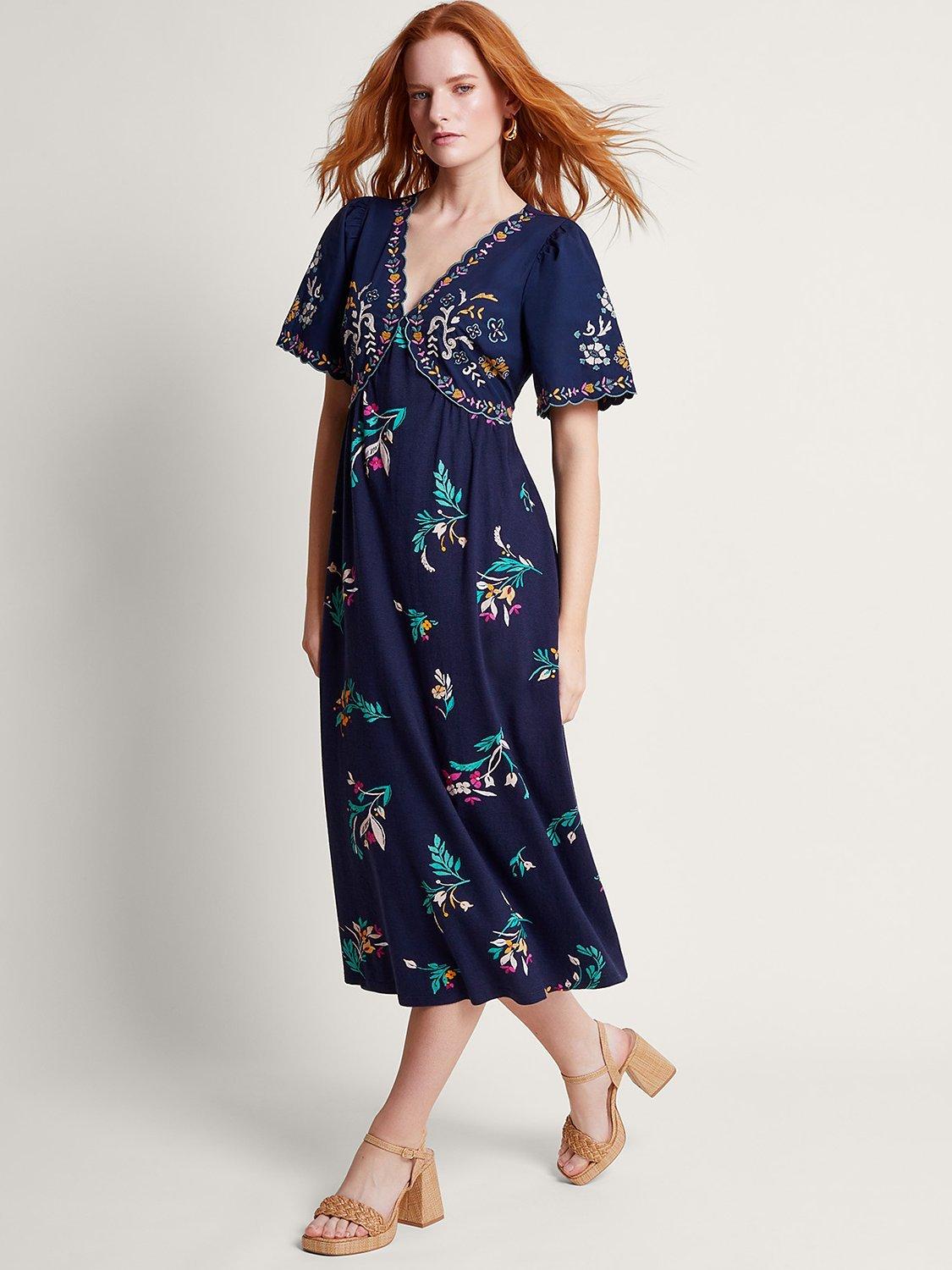 Monsoon Maya Floral Embroidery Tea Dress Navy