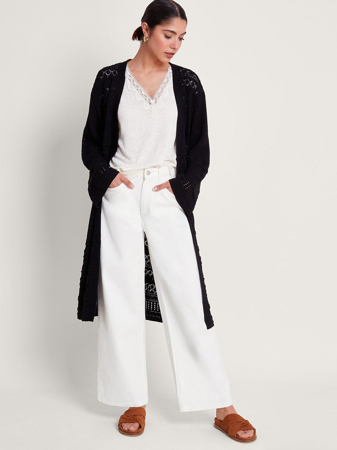 Monsoon Phea Pointelle Longline Cardigan, Black