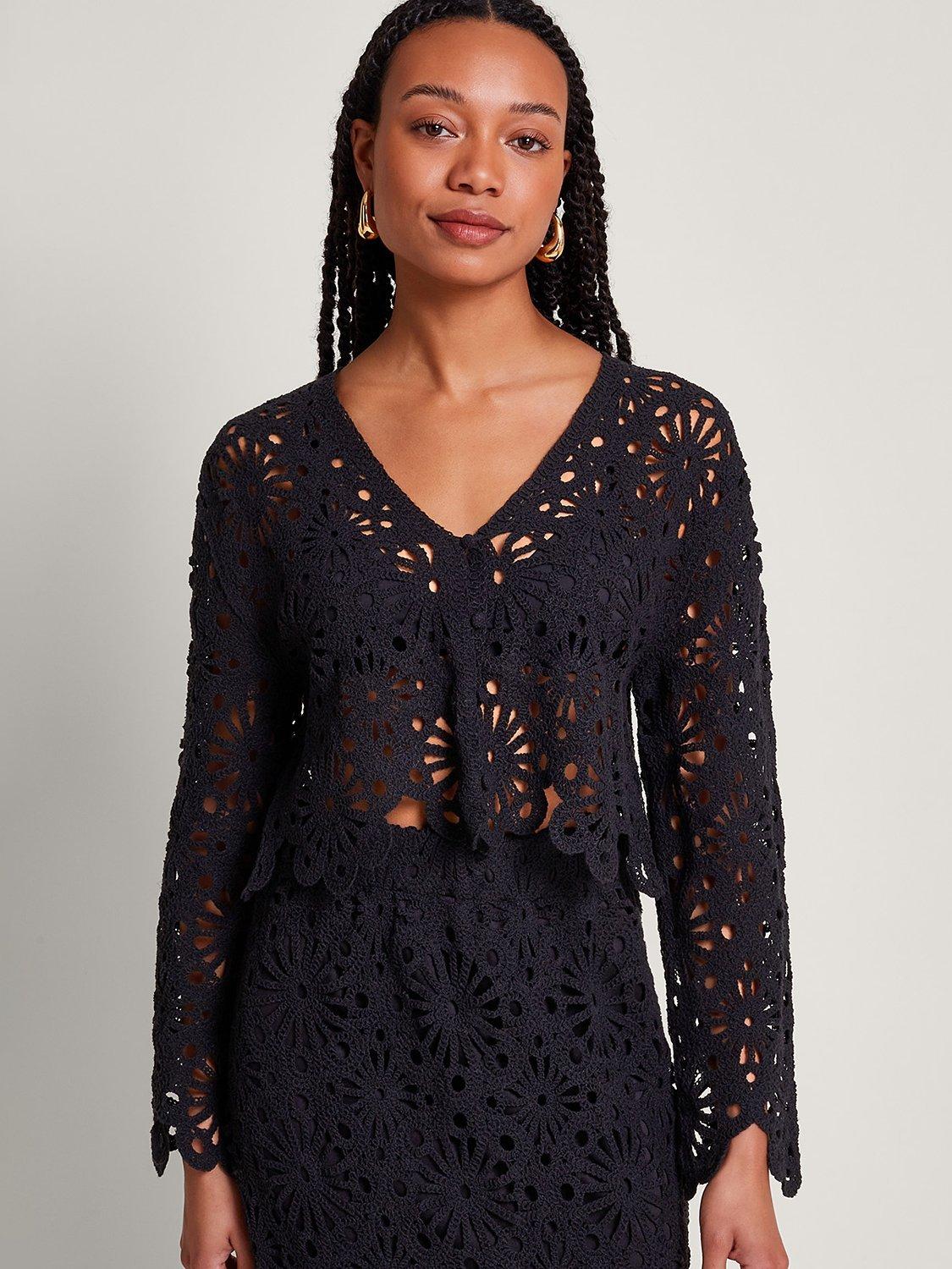 Monsoon Riri Rochelle Cropped Crochet Cardigan, Black