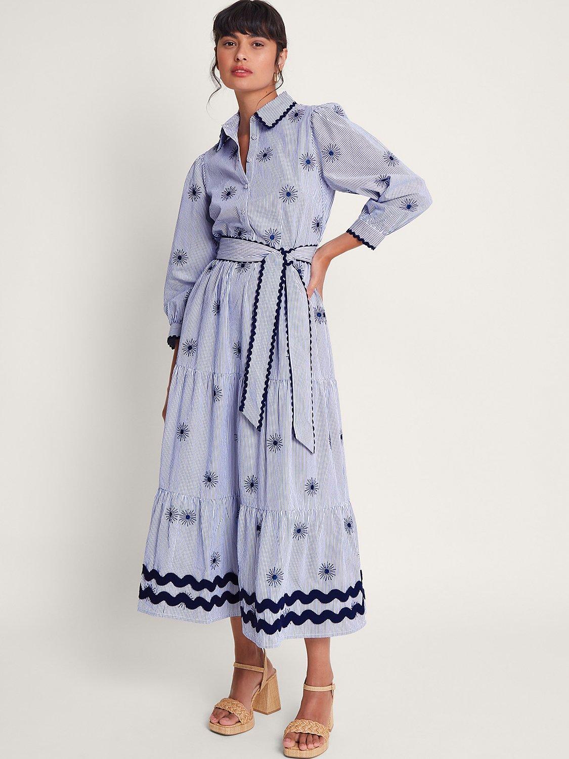 Monsoon Adira Embroidered Midi Tiered Shirt Dress Navy