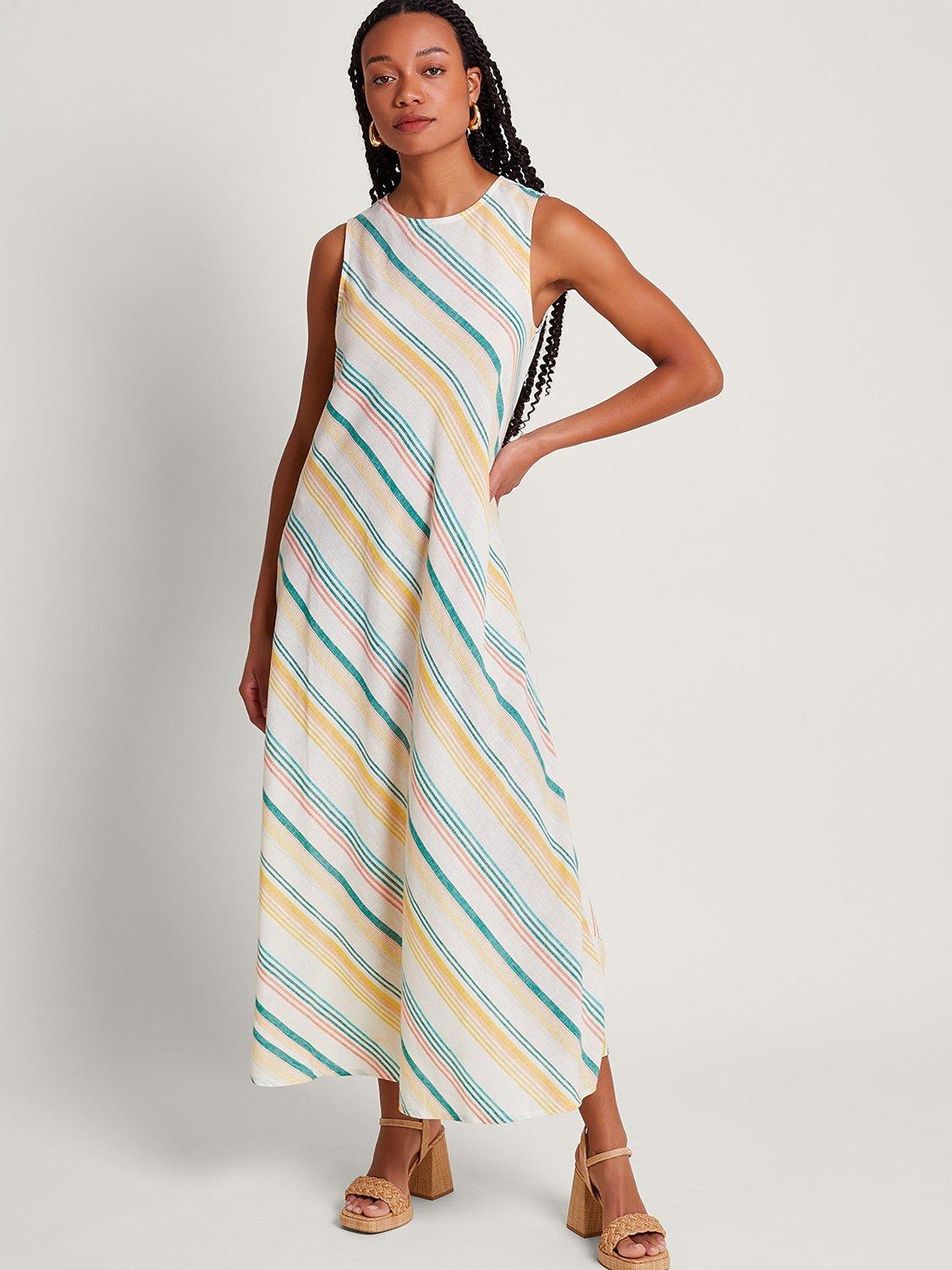 Monsoon Aubree Diagonal Stripe Linen Blend Maxi Dress White Multi