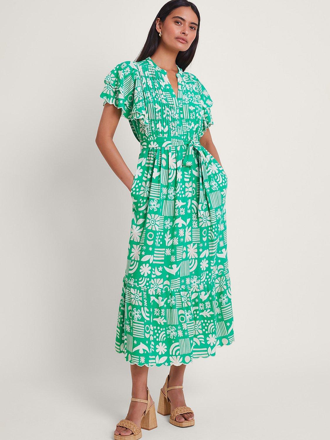 Monsoon Dario Novelty Print Pleat Yoke Midi Dress, Green