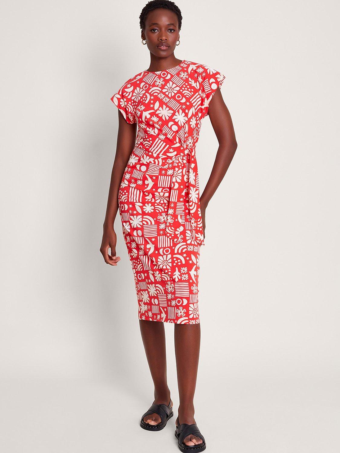 Monsoon Dario Tie Side Knee Length Dress, Red