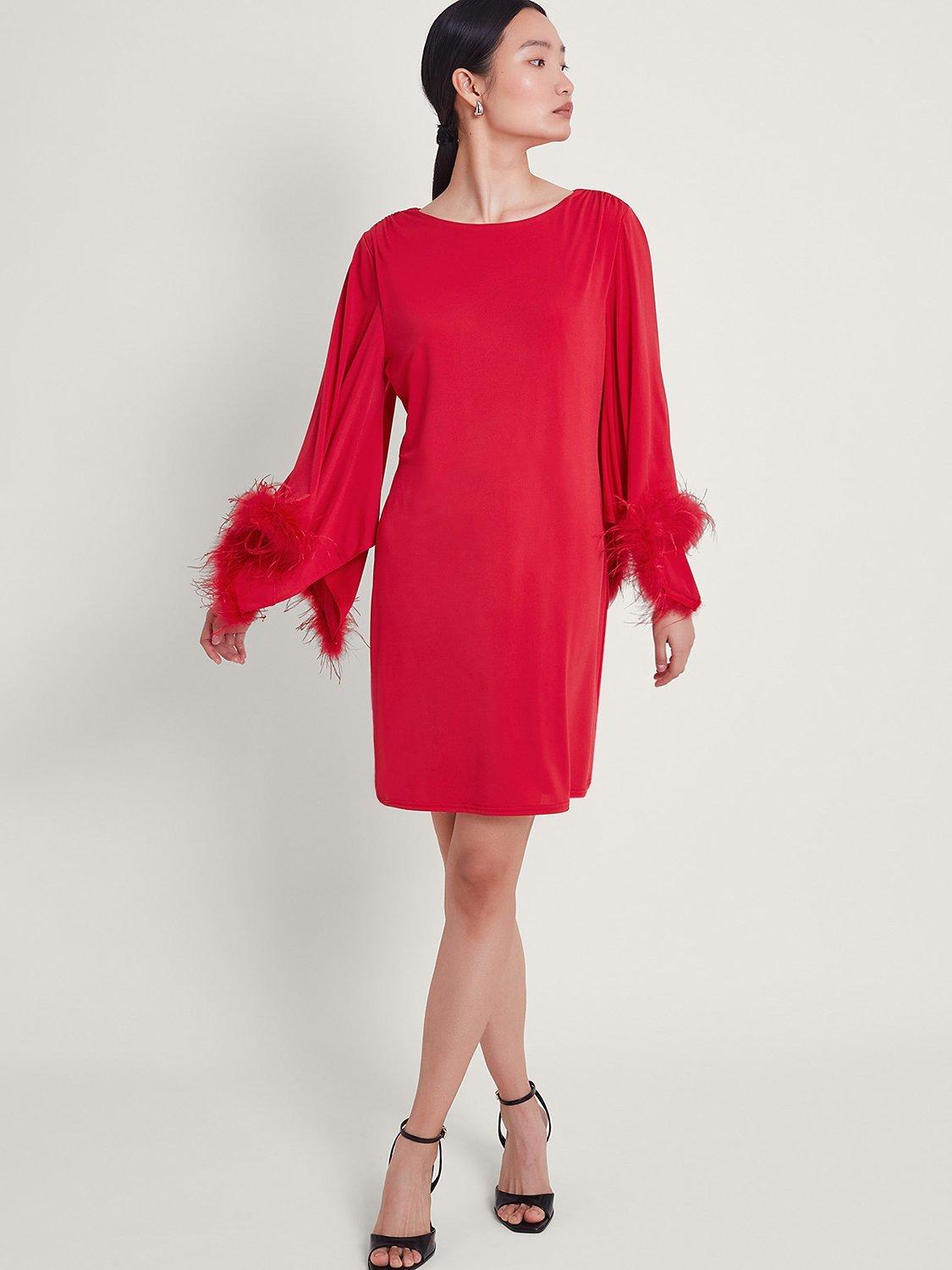 Monsoon Feather Trim Tunic Dress, Red, 16