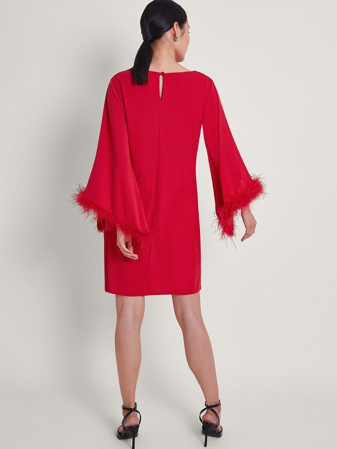 Monsoon Feather Trim Tunic Dress, Red, 16