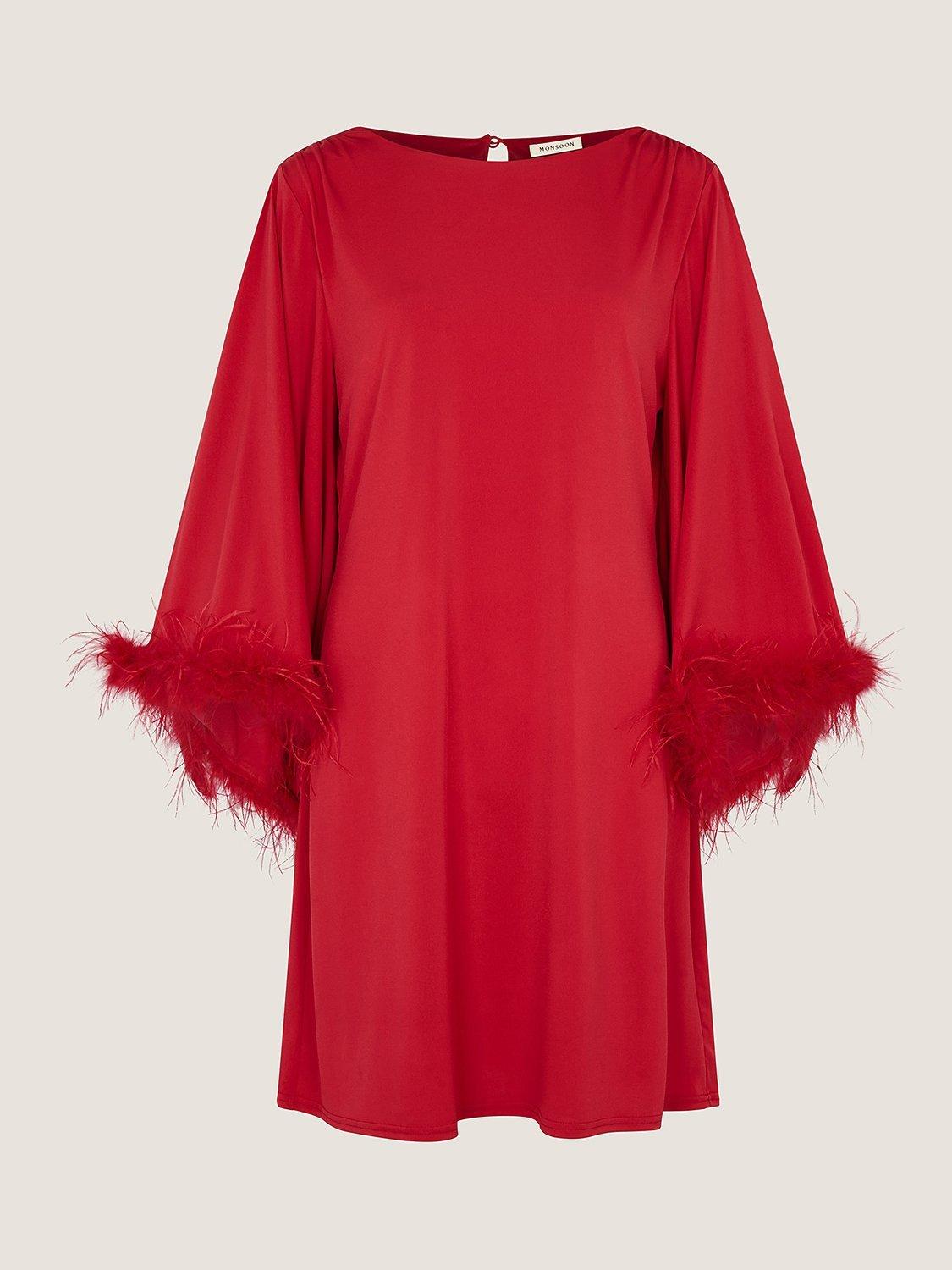 Monsoon Feather Trim Tunic Dress, Red, 16