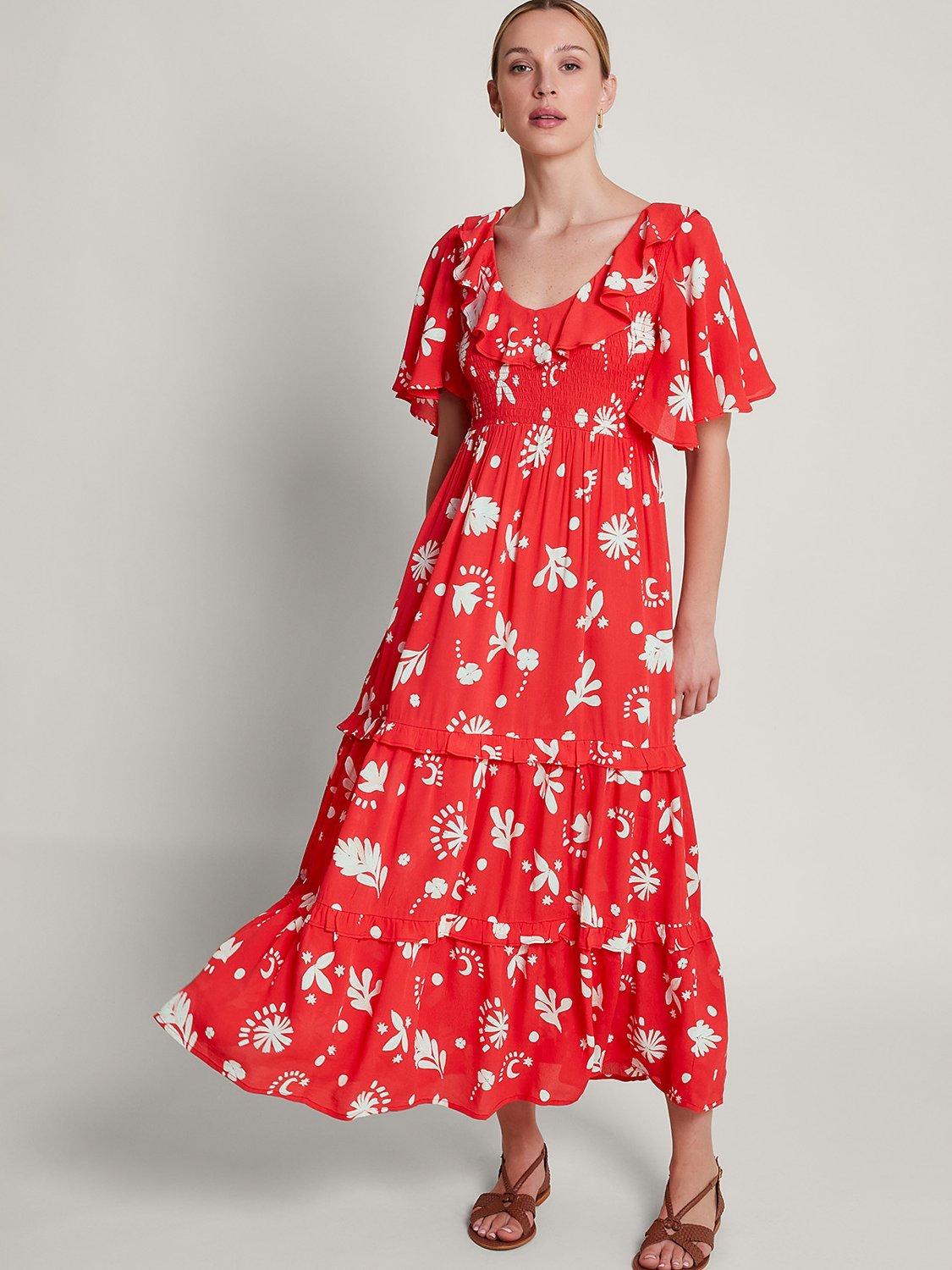 Monsoon Lily Frill Detail Tiered Maxi Dress, Red/Ivory