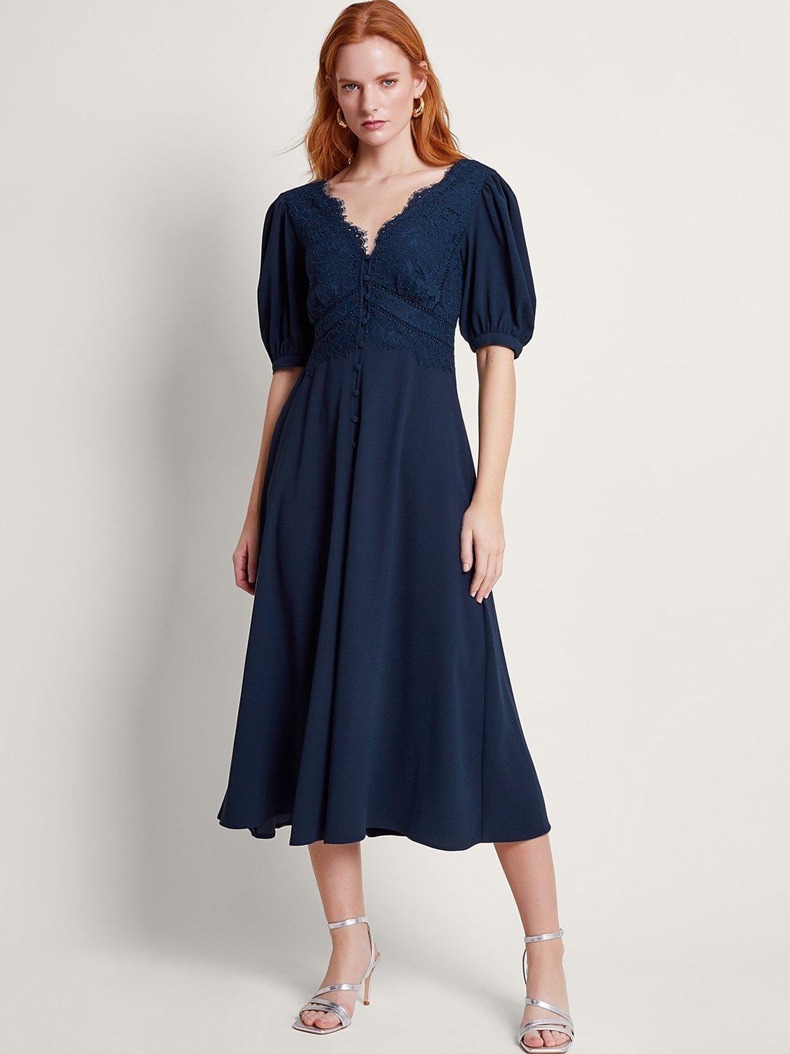 Monsoon Nancy Lace Satin Tea Dress, Navy