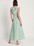 Monsoon Saskia Ruffle Trim Leaf Print Linen Blend Midaxi Dress, Green/White