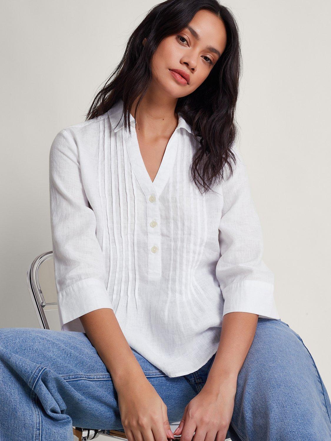 Monsoon Elsie Pintuck Linen Blouse, White, XL