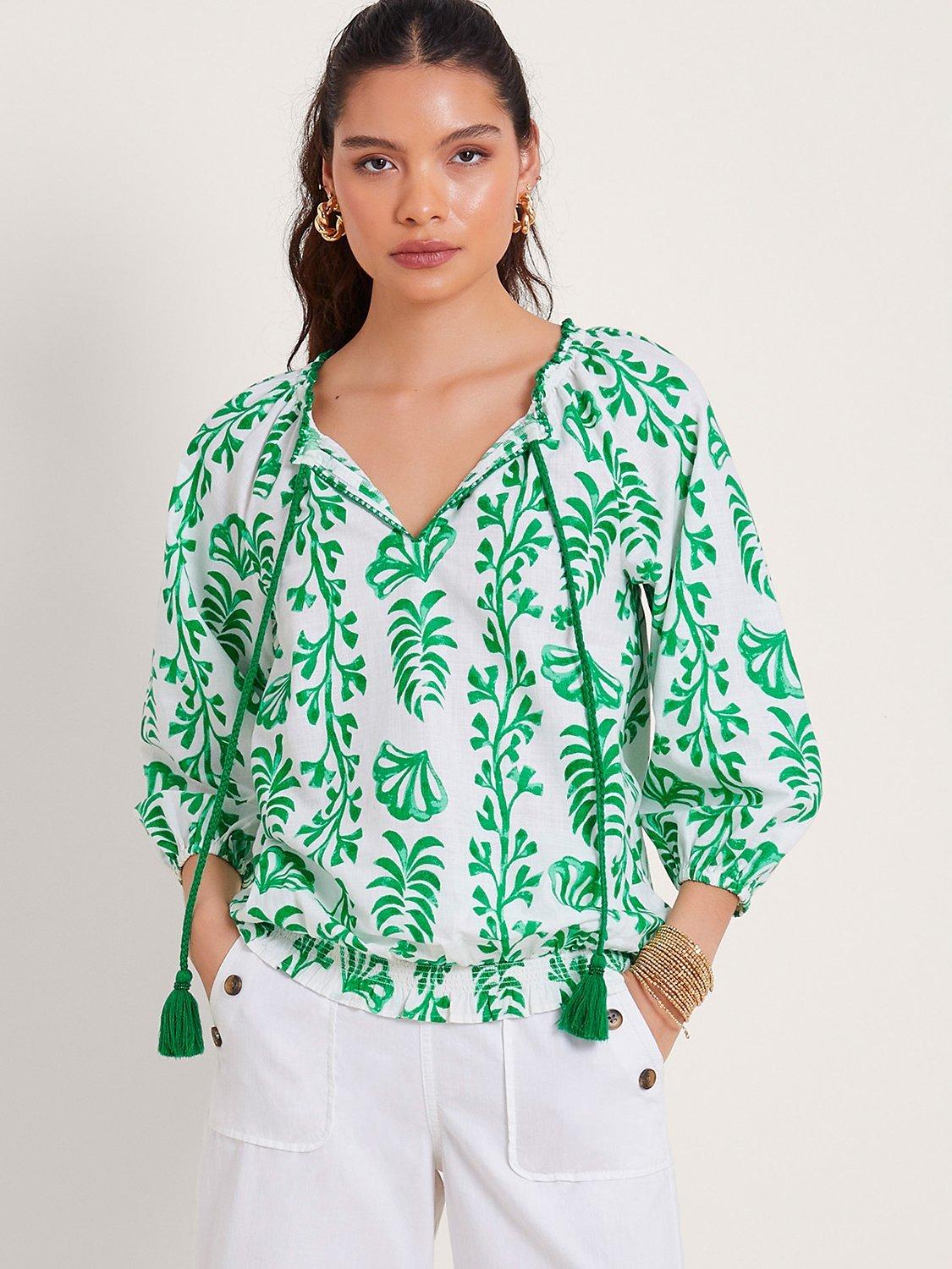 Monsoon Lani Leaf Print Bubble Hem Blouse, Green/Ivory