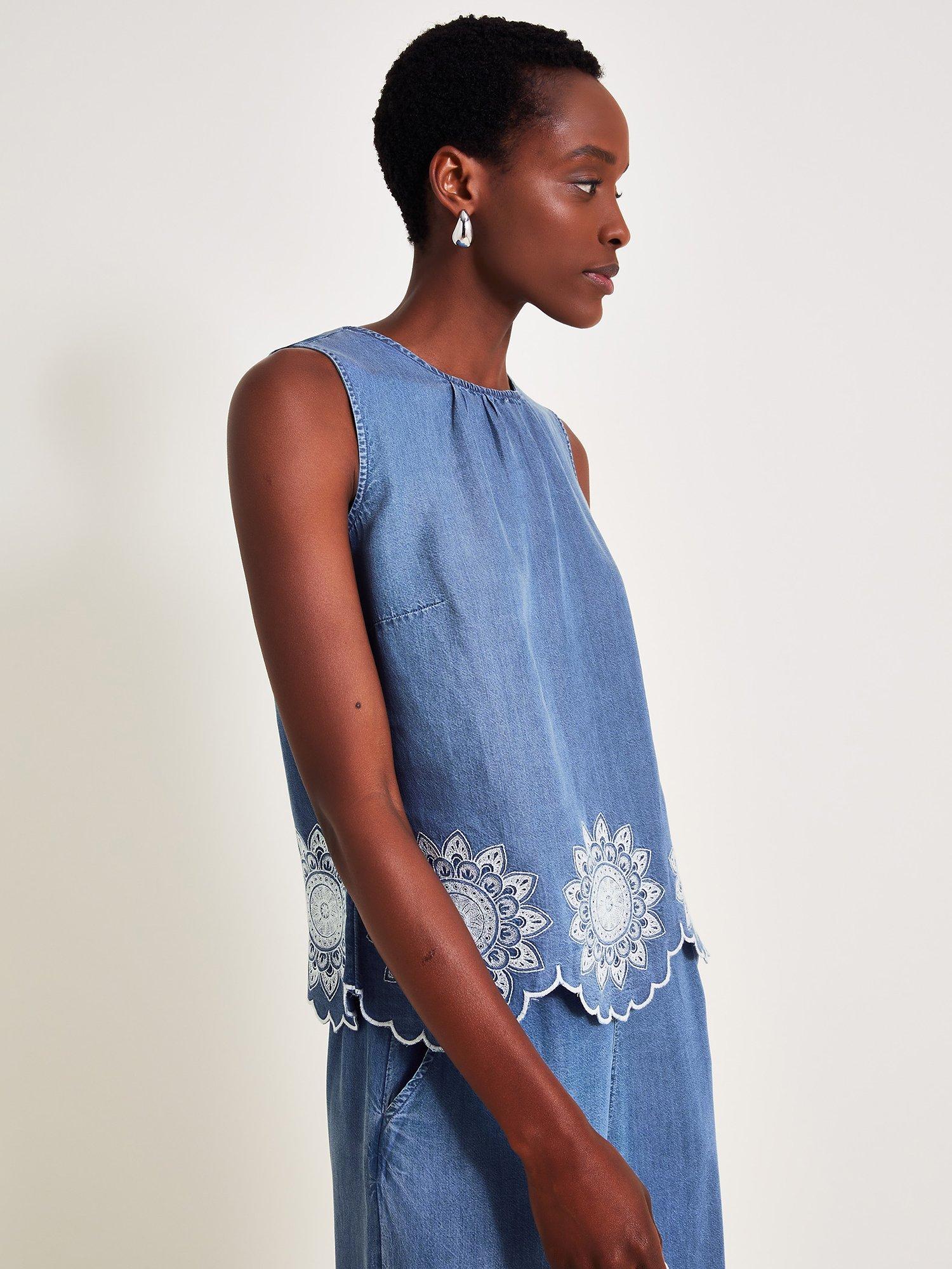 Product image 1 of 6, which shows Monsoon Talia Emrboidered Top, Denim Blue, XXL