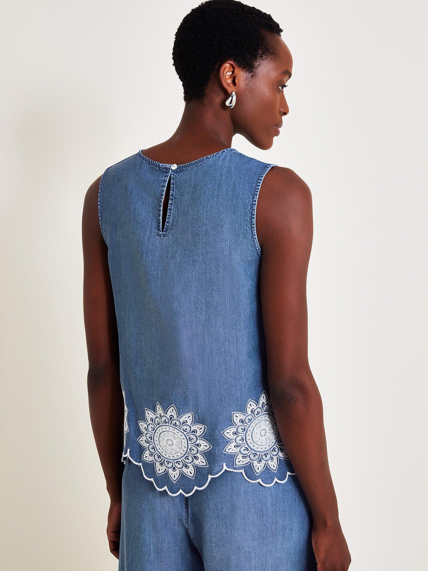 Product image 2 of 6, which shows Monsoon Talia Emrboidered Top, Denim Blue, XXL
