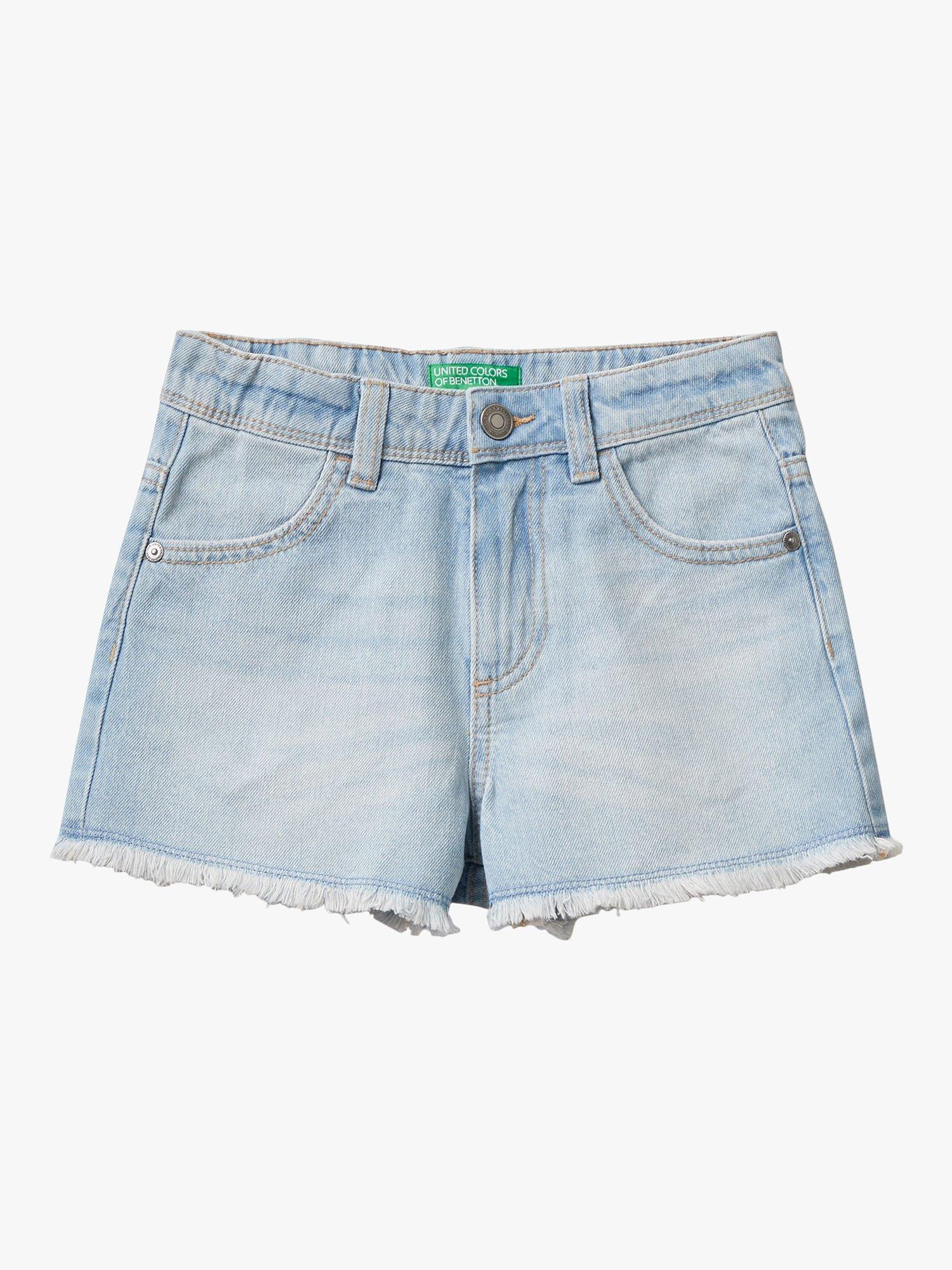 Benetton Kids' Frayed Hem Denim Shorts, Light Blue Denim