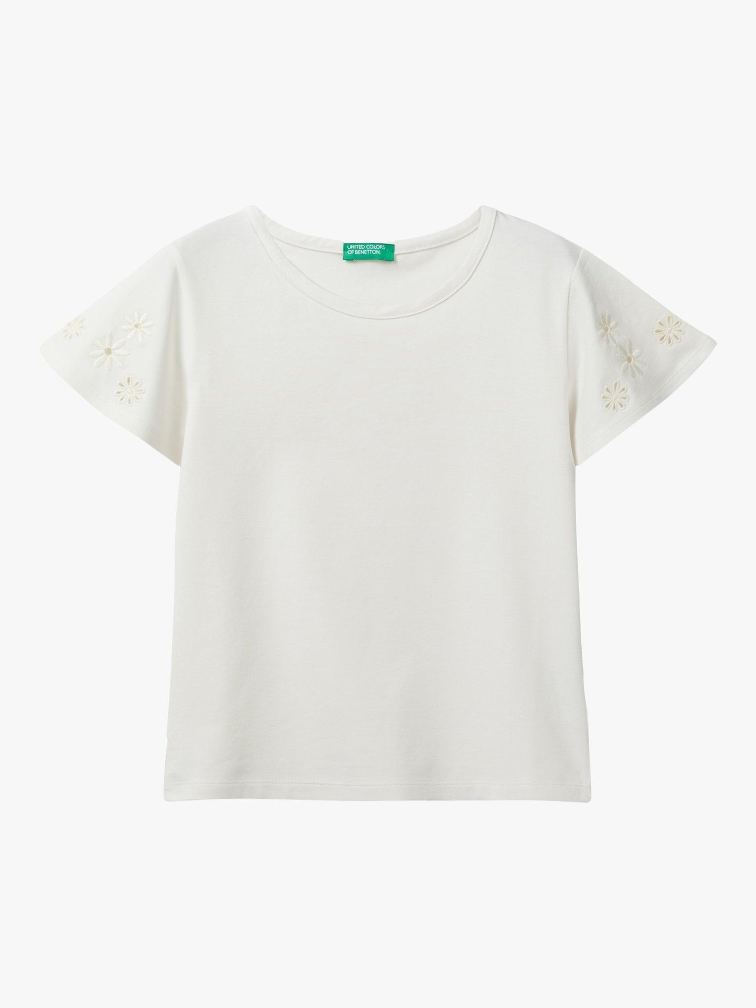 Benetton Kids' Floral Embroidered Sleeve T-Shirt, Cream