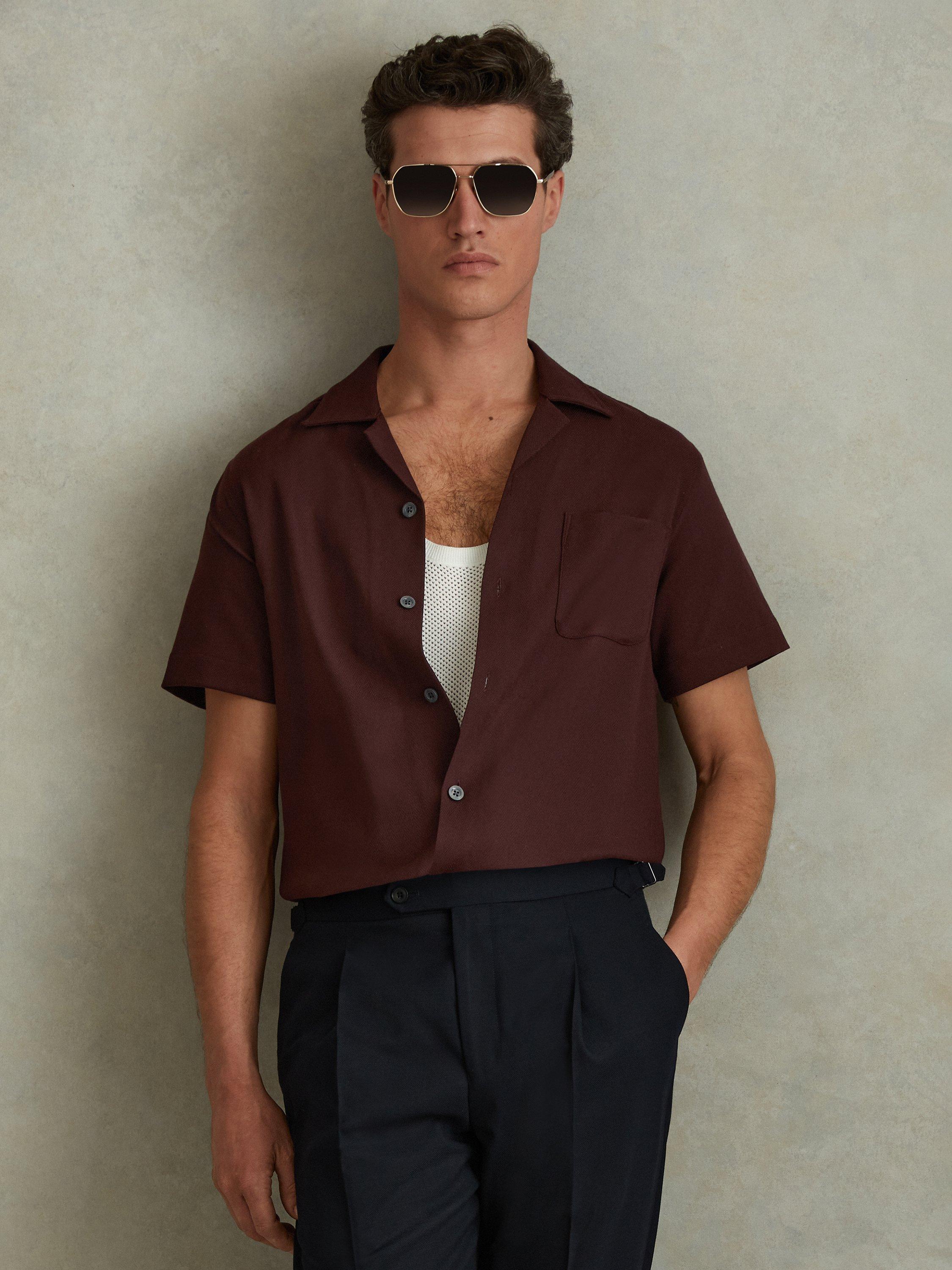Reiss Nitus Short Sleeve Herringbone Cuban Shirt, Tobacco