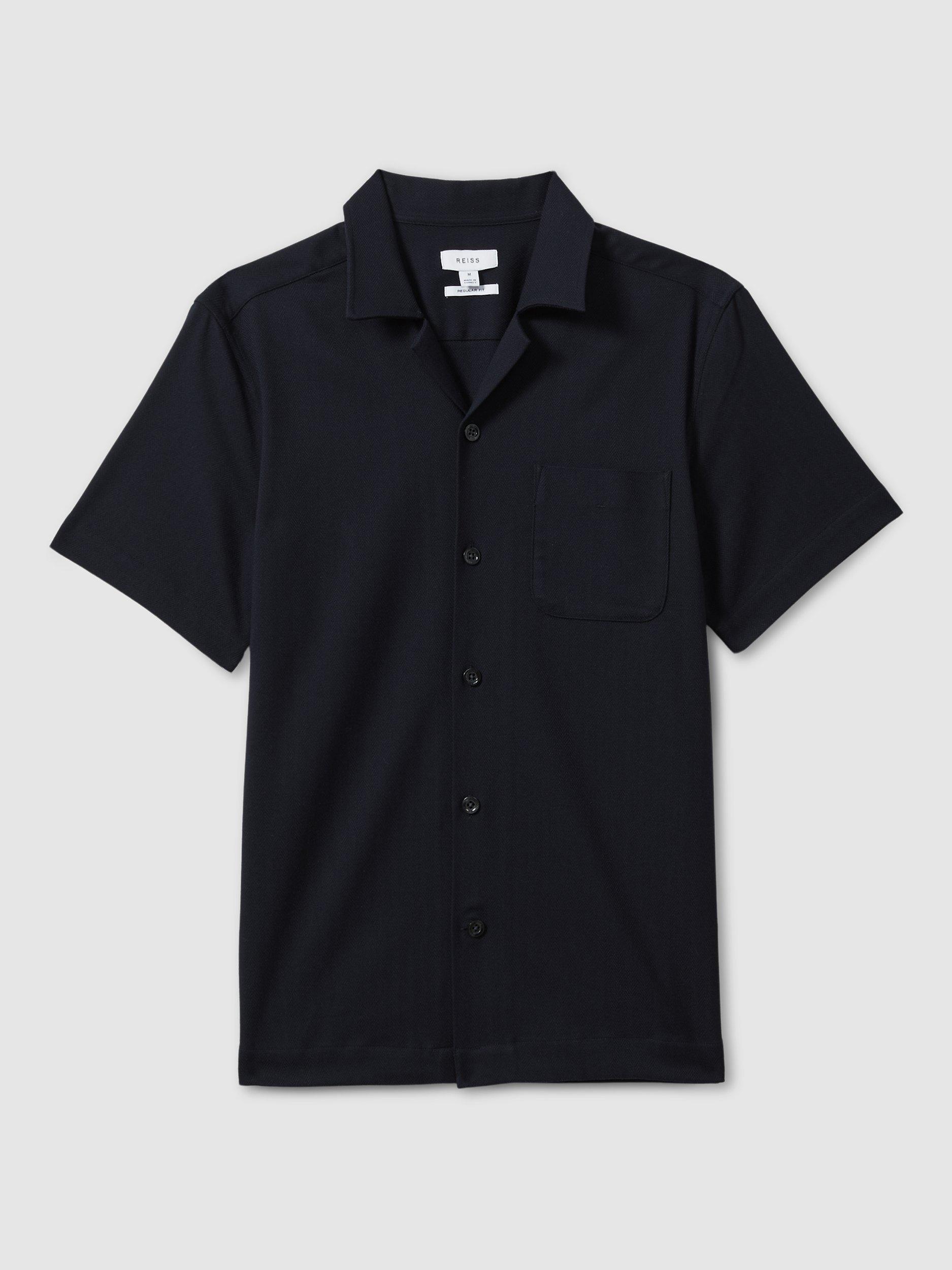 Product image 2 of 4, which shows Reiss Nitus Herringbone Short Sleeve Shirt, Navy, XS