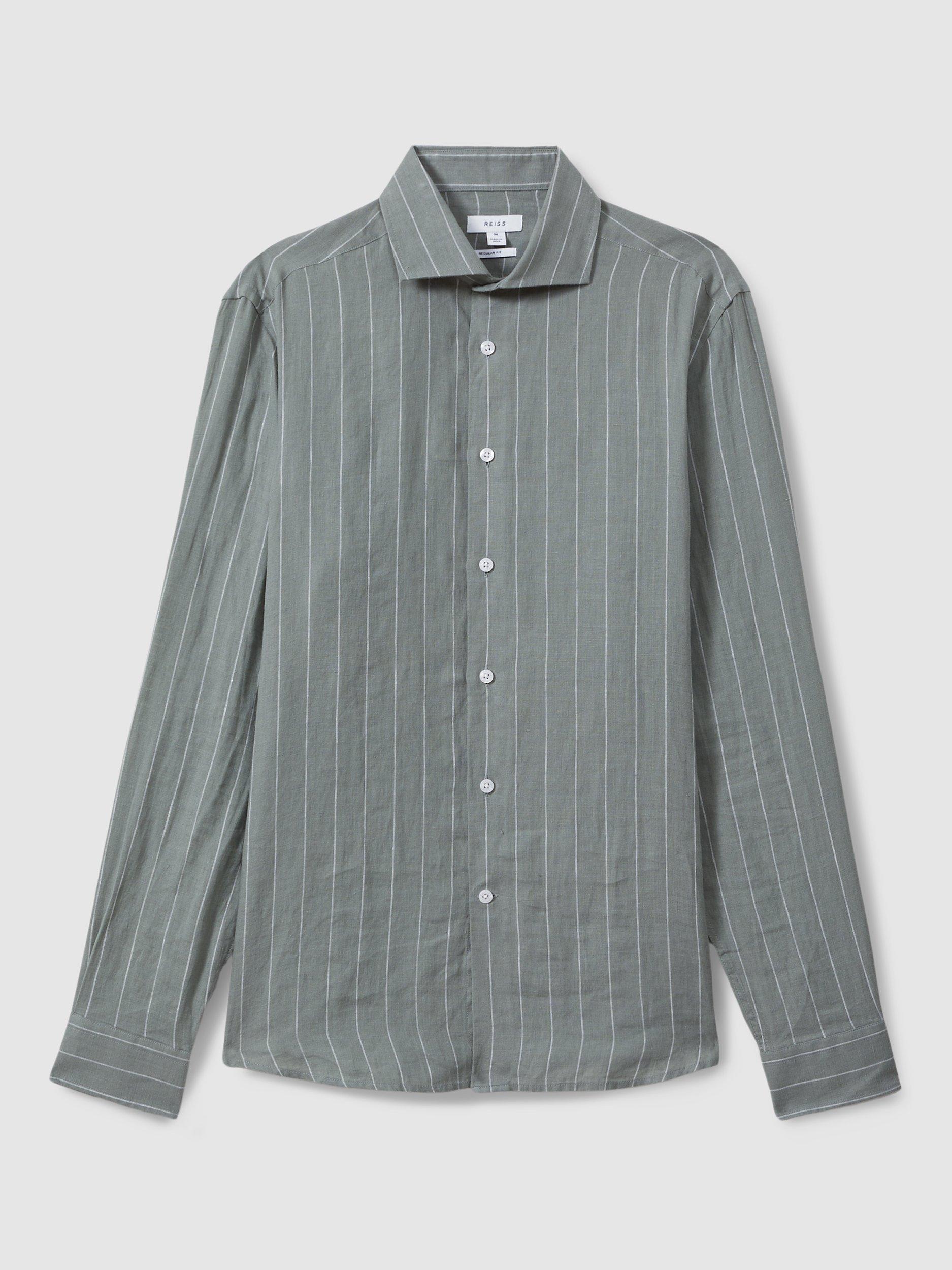 Reiss Ruban Striped Linen Shirt, Sage, S