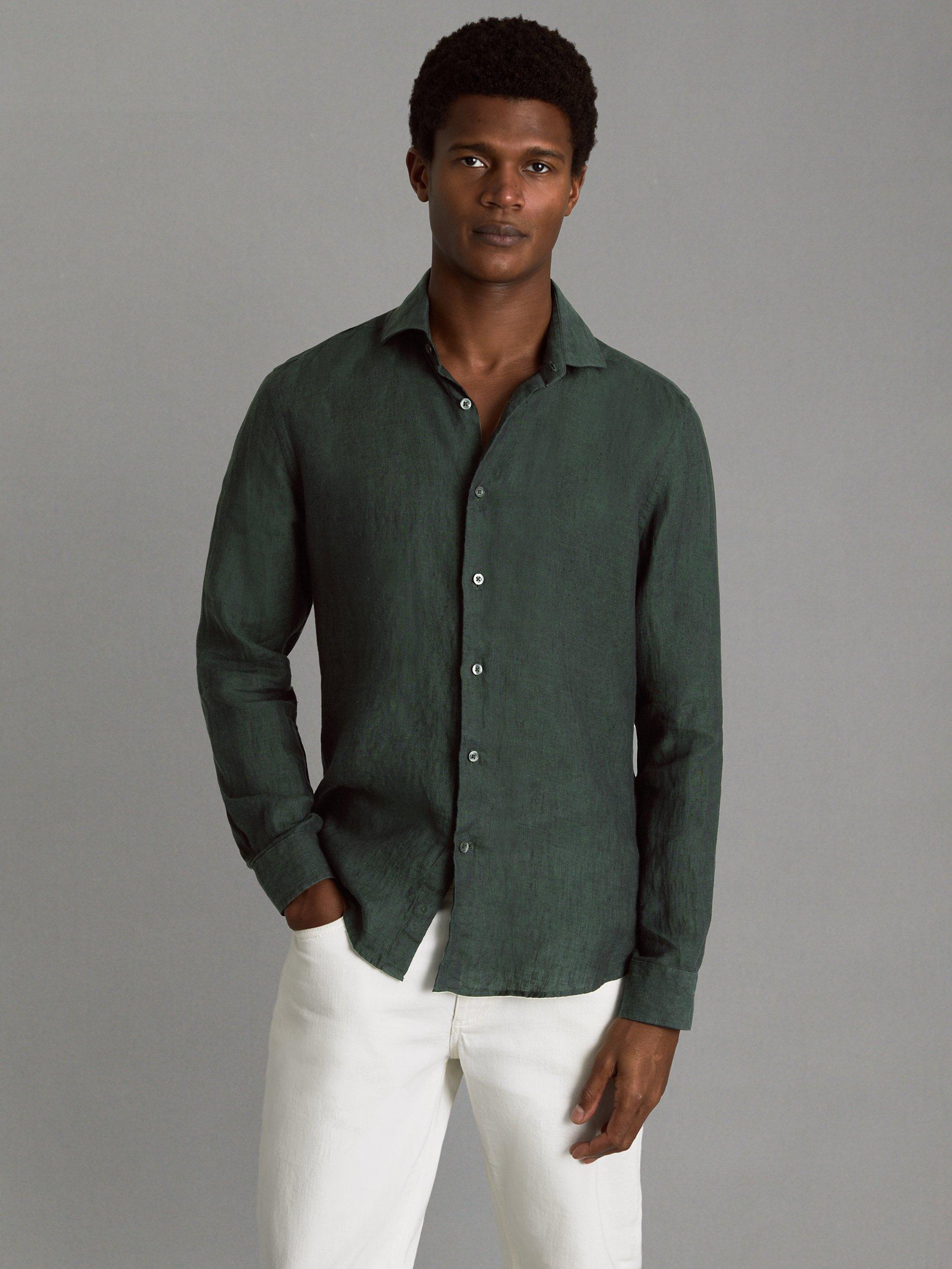Product image 1 of 5, which shows Reiss Ruban Regular Fit Linen Shirt, Dark Green, XS