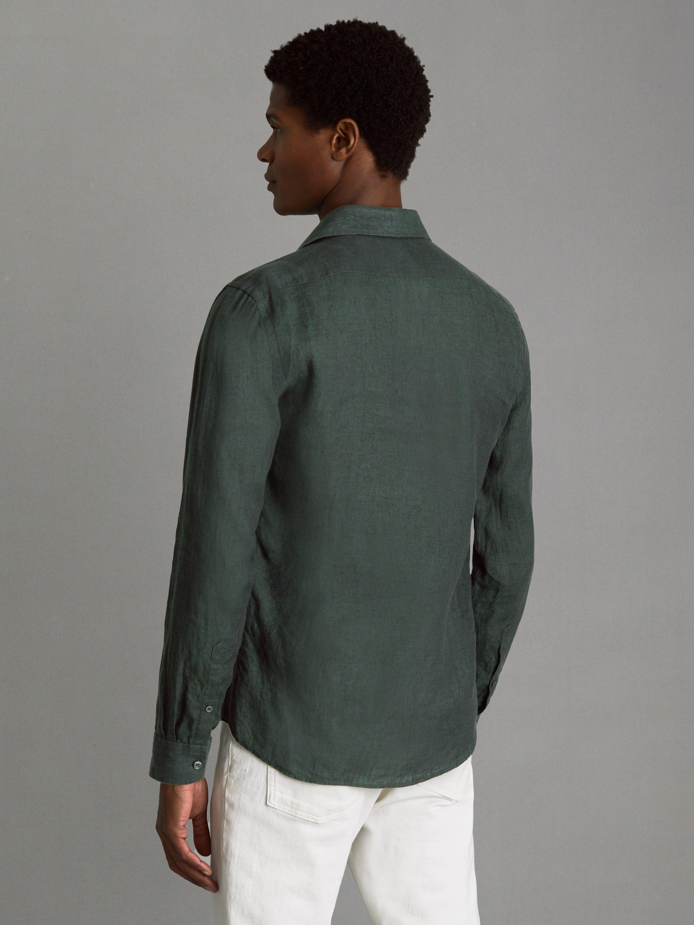 Product image 2 of 5, which shows Reiss Ruban Regular Fit Linen Shirt, Dark Green, XS