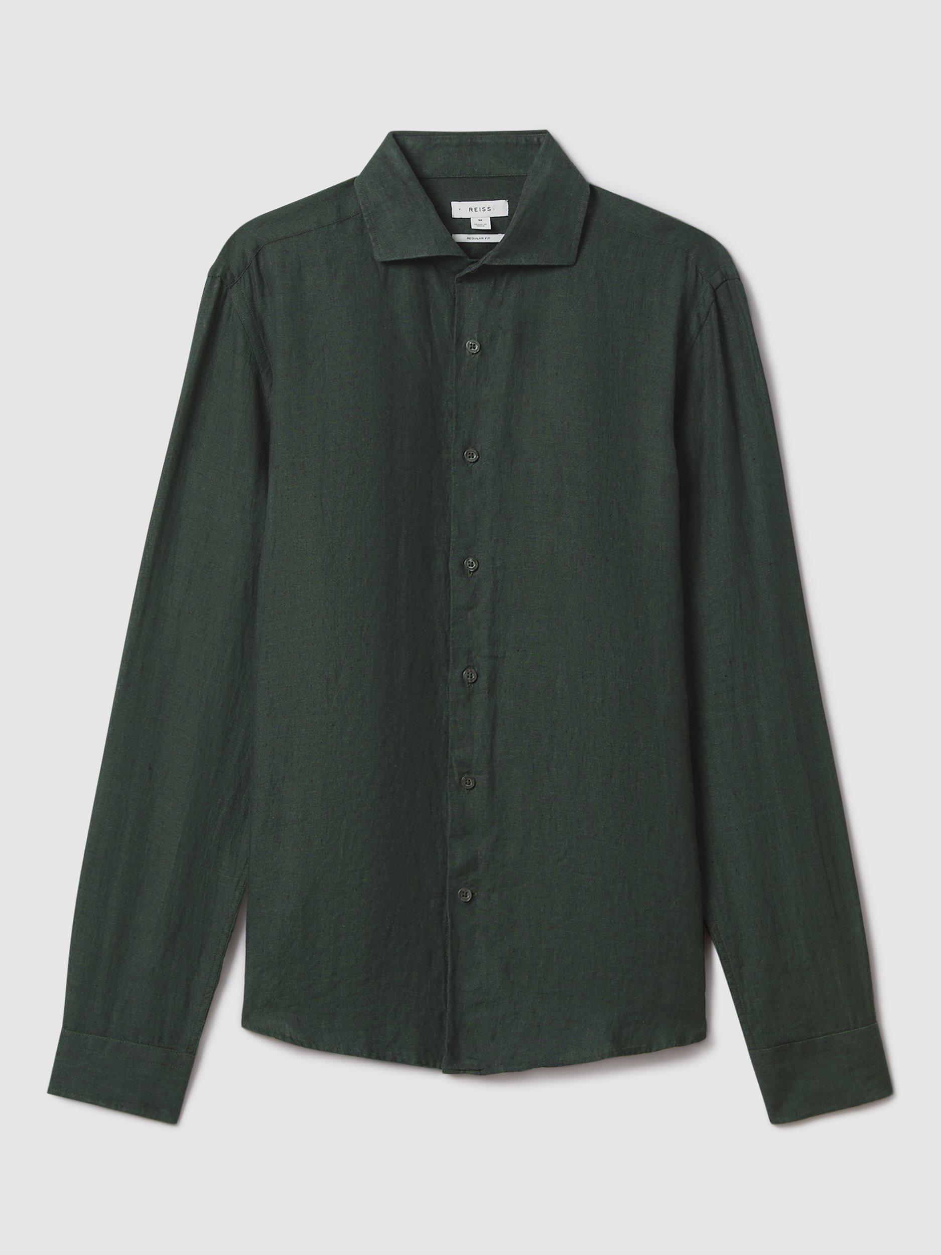 Product image 3 of 5, which shows Reiss Ruban Regular Fit Linen Shirt, Dark Green, XS