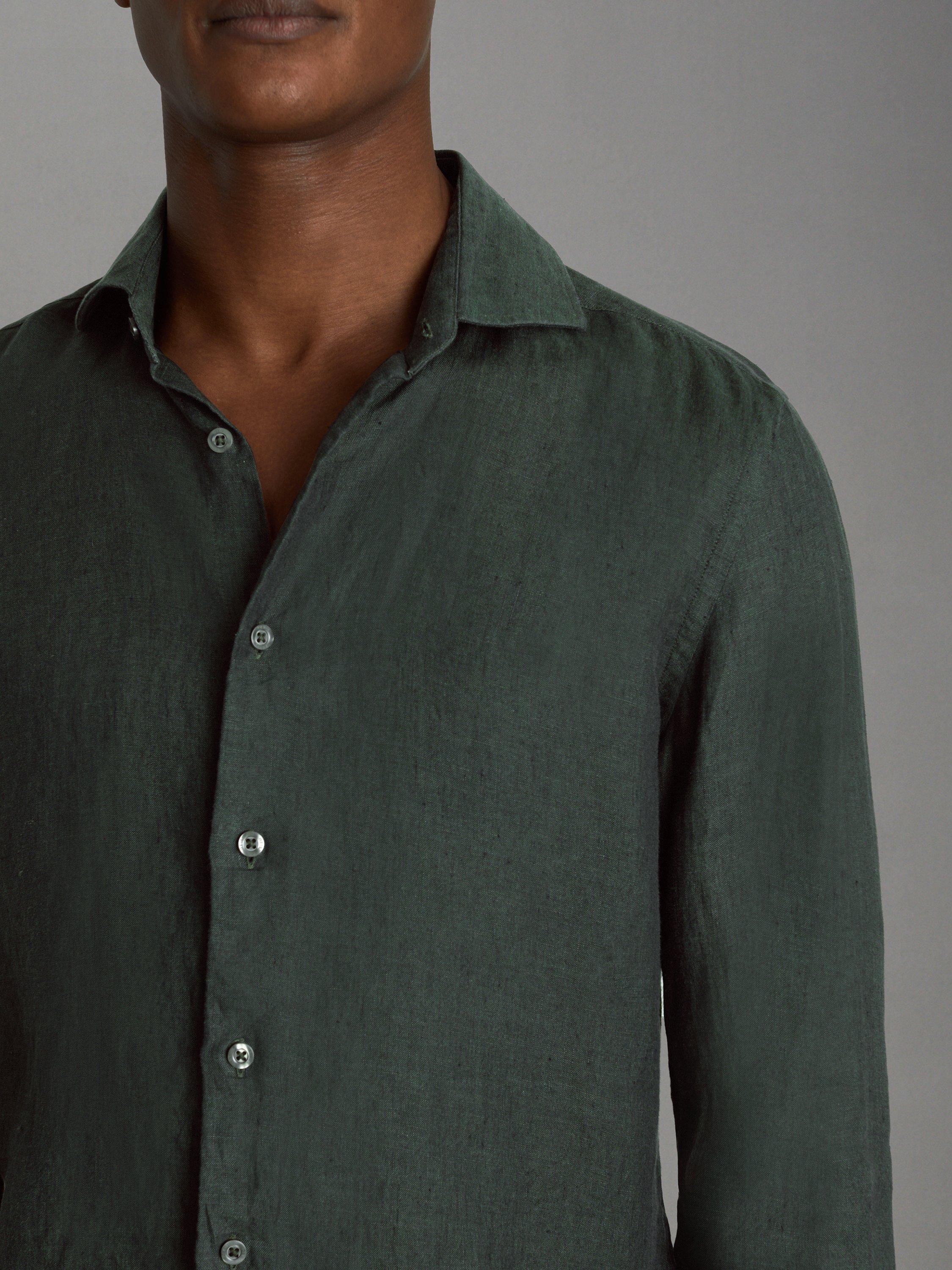 Product image 5 of 5, which shows Reiss Ruban Regular Fit Linen Shirt, Dark Green, XS