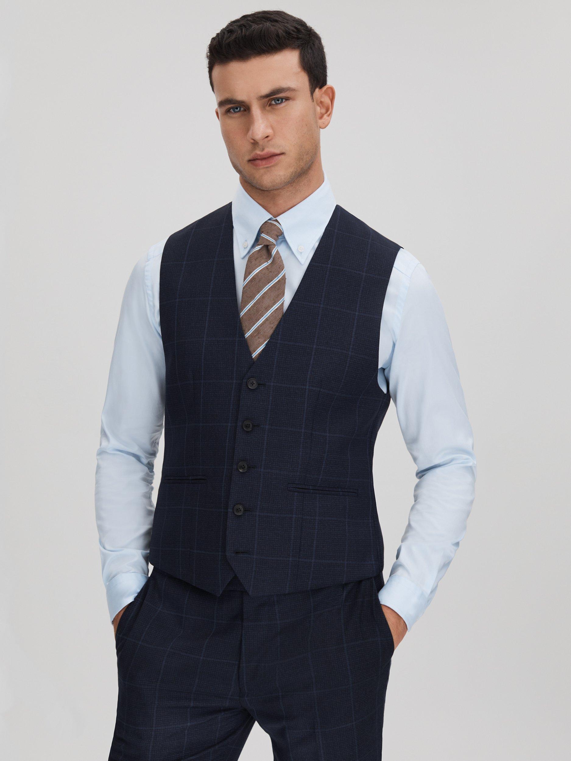 Reiss Klink Check Wool Waistcoat, Navy