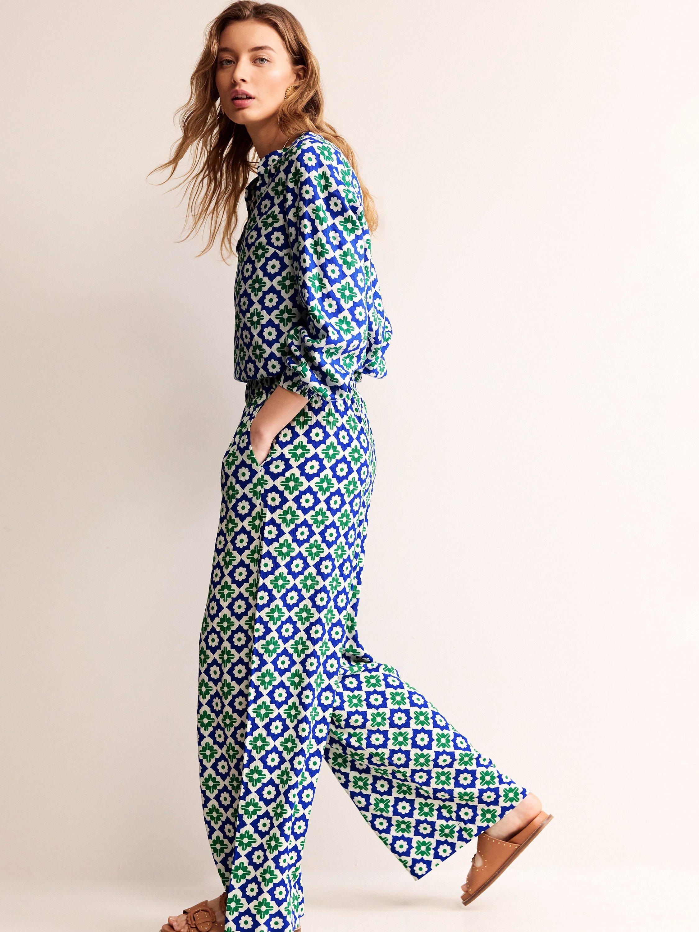 Boden Geometric Print Crinkle Wide Leg Trousers Green Multi