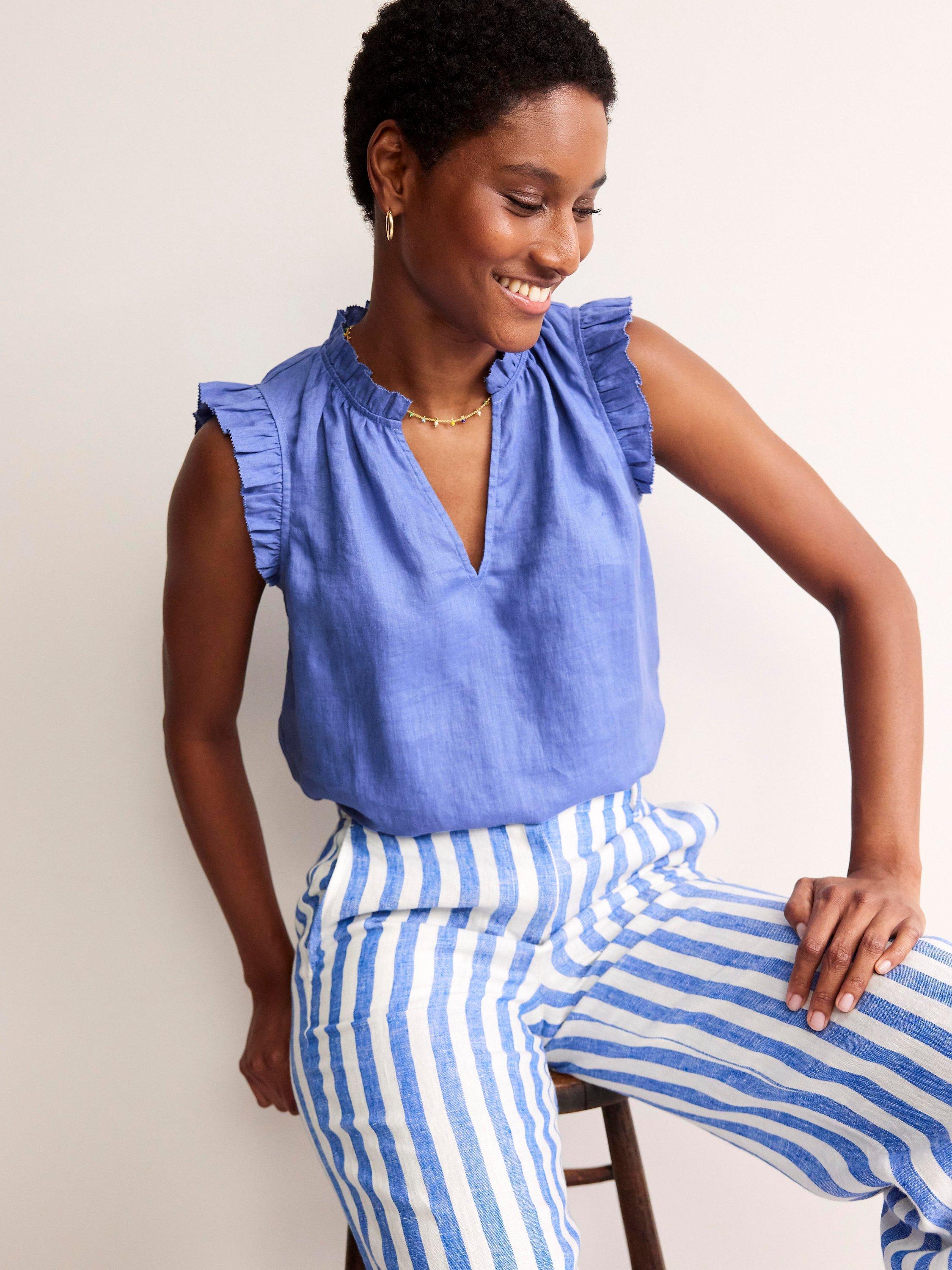 Boden Frill Sleeve Linen Notch Top, Blue, Ebb & Flow