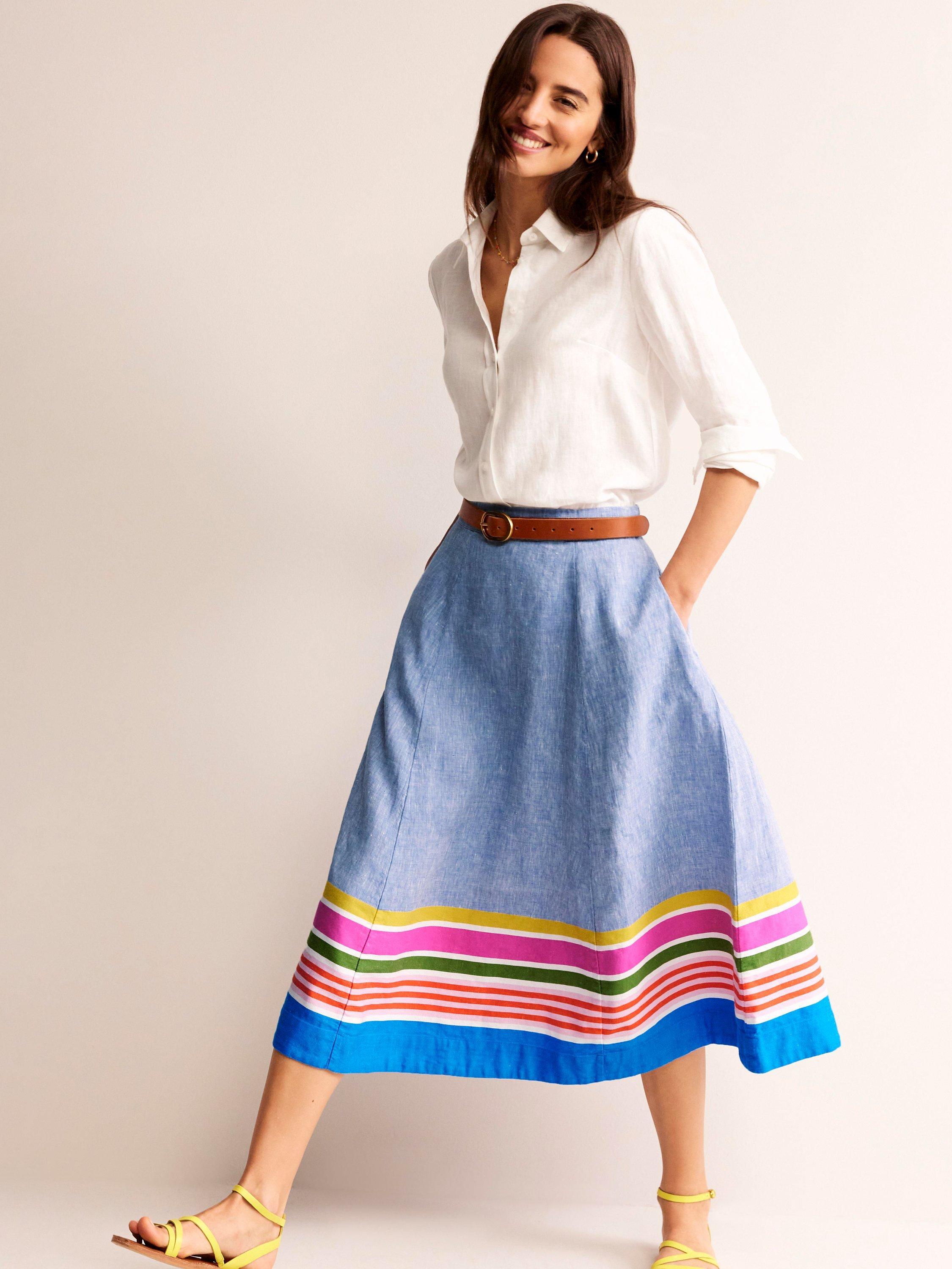 Boden Stripe Hem Midi Skirt Blue Multi