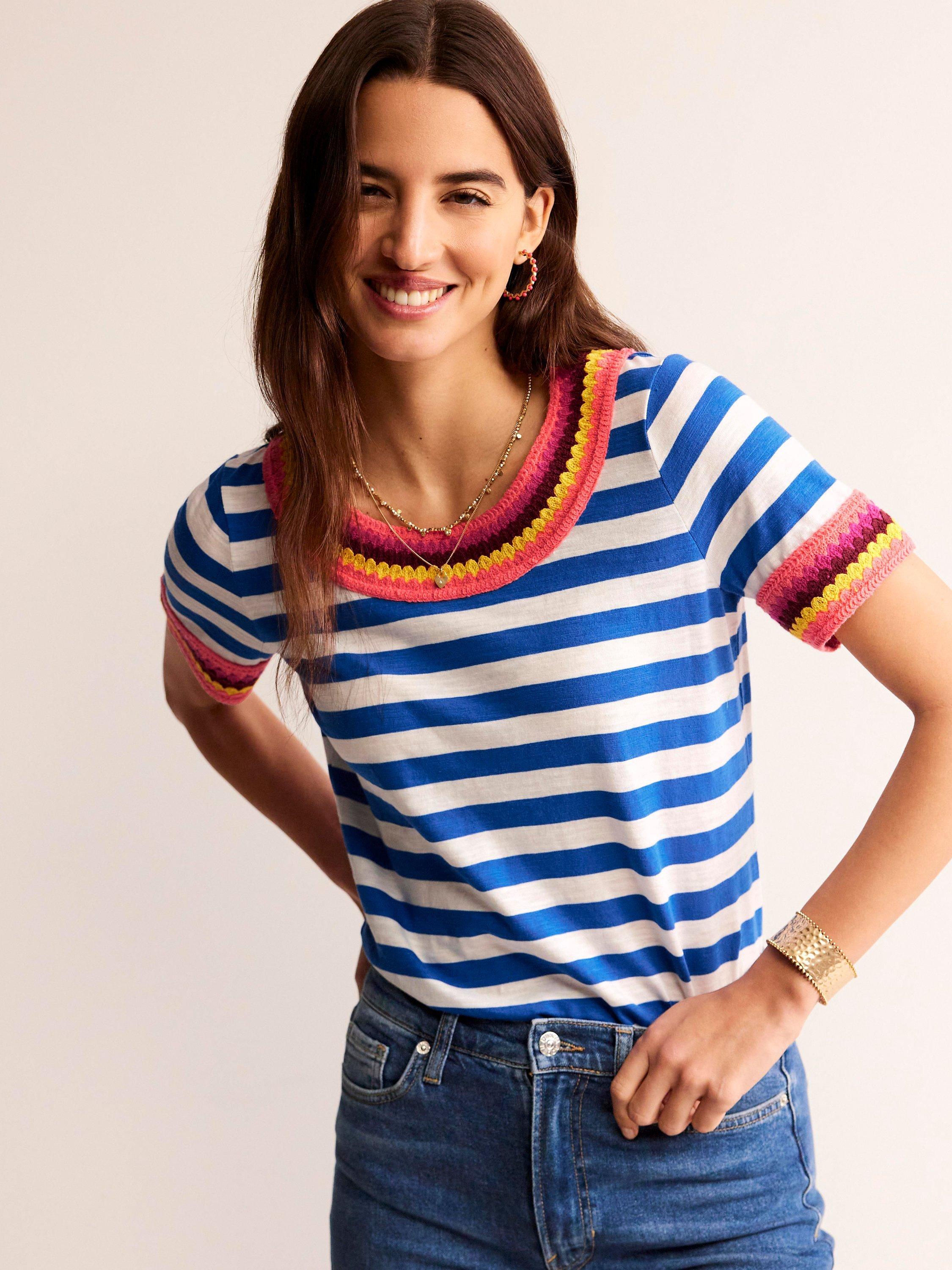 Boden Crochet Neck T-Shirt, Blue/Ivory