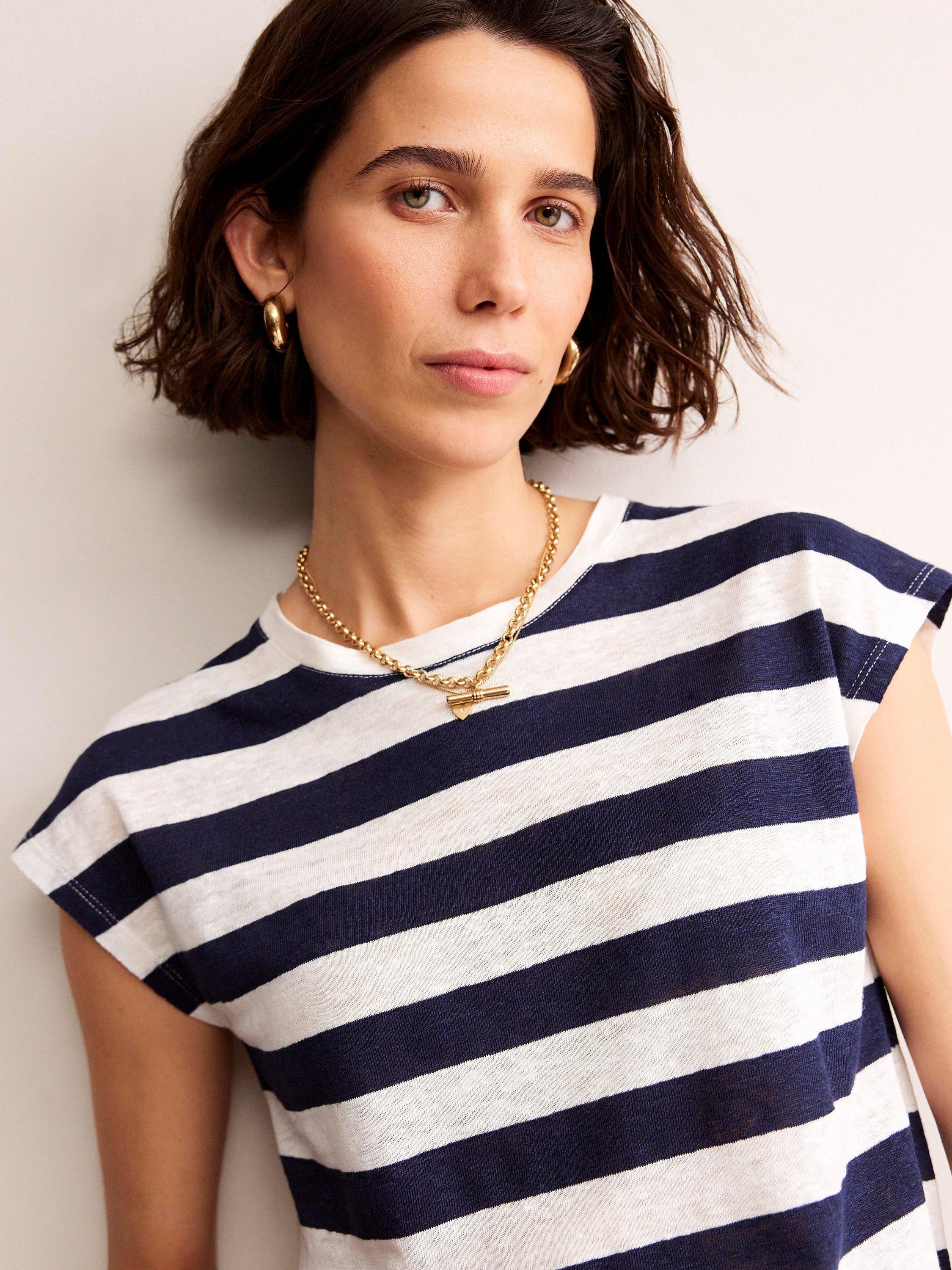 Boden Louisa Crew Neck Stripe Linen T-Shirt, Navy/Ivory
