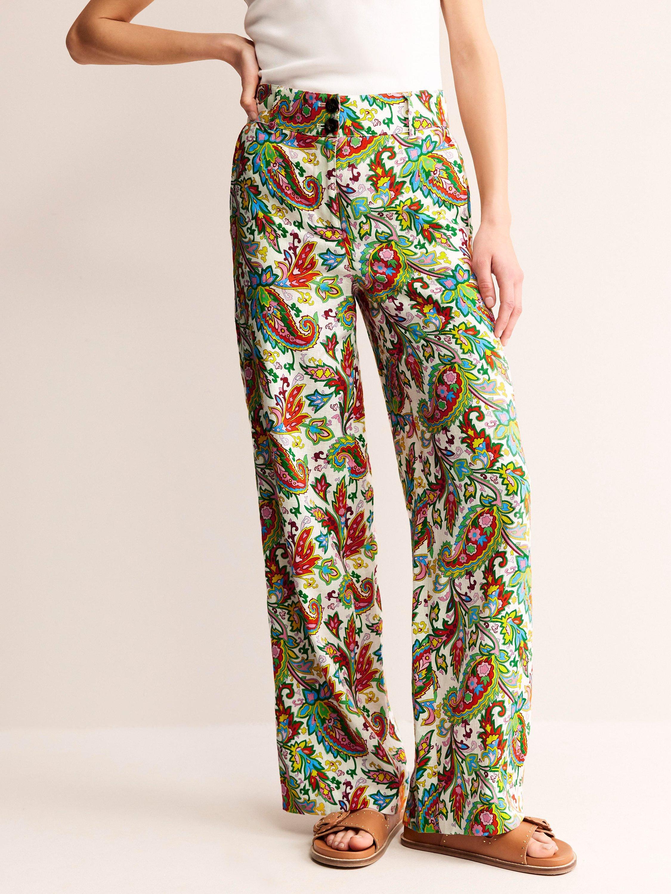 Boden Westbourne Paisley Print Linen Trousers, Ivory/Multi