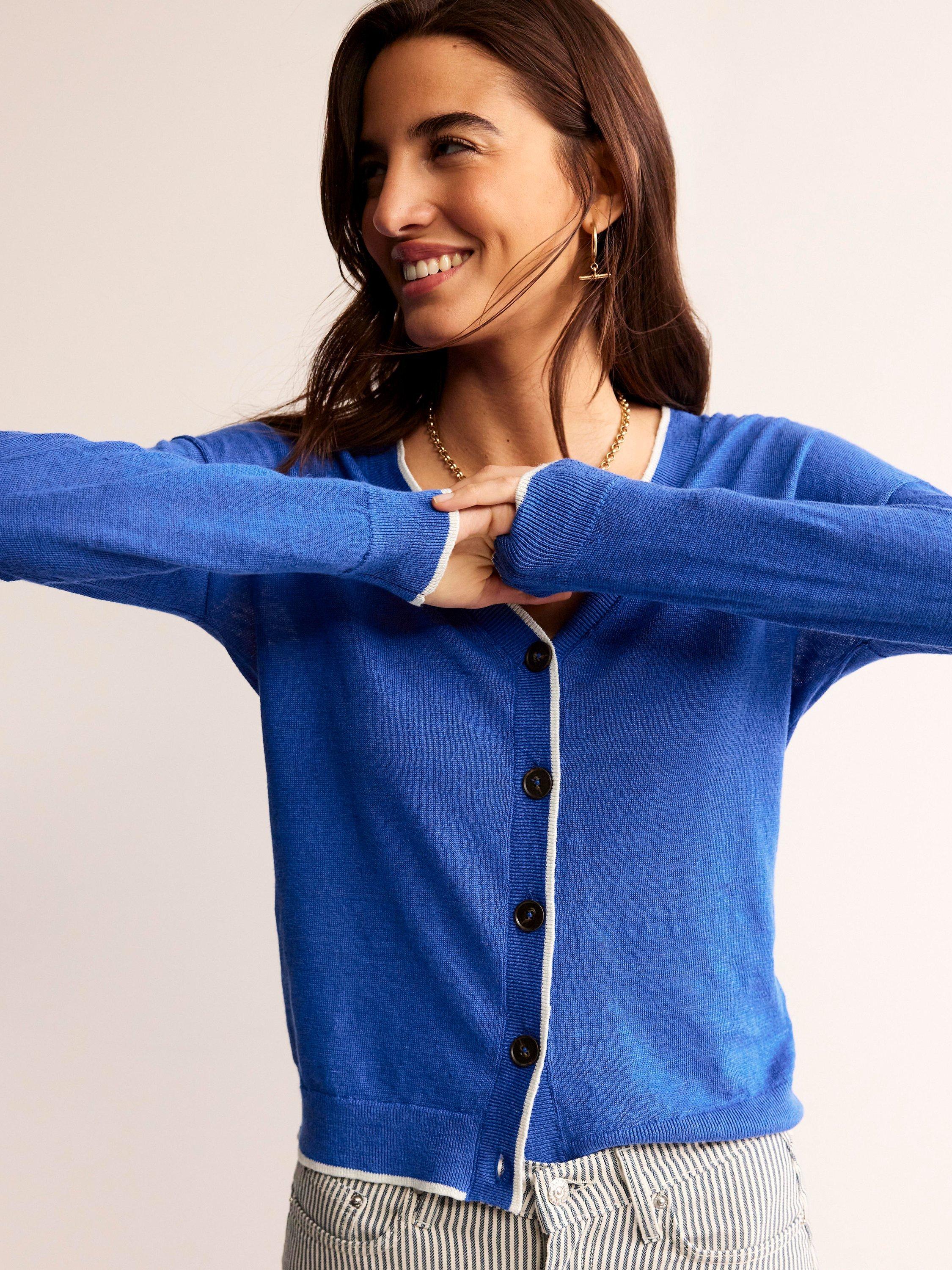 Boden Maggie Linen V Neck Cardigan Nautical Blue
