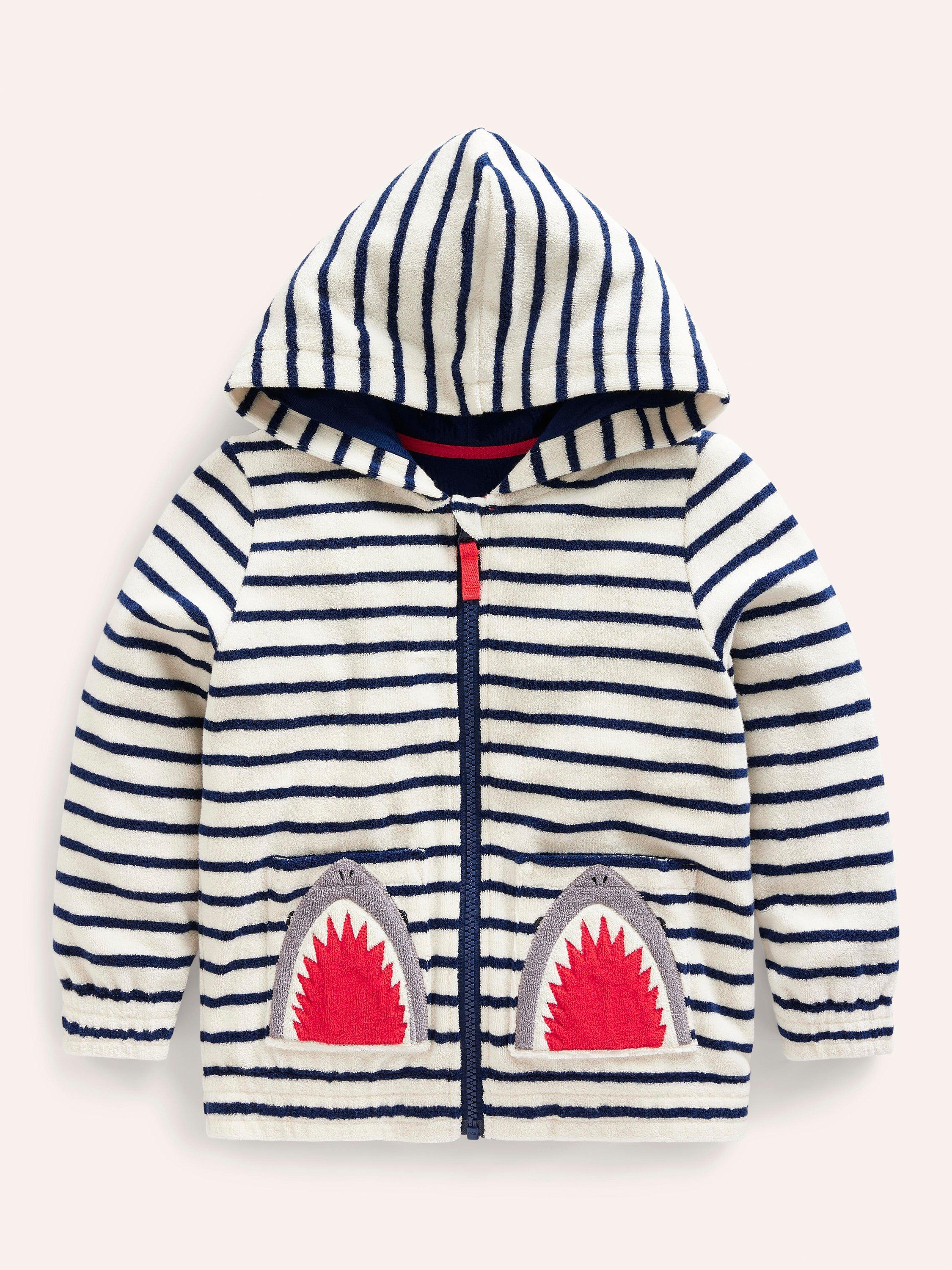 Mini Boden Kids' Shark Towelling Zip Through Hoodie, Ivory/Blue