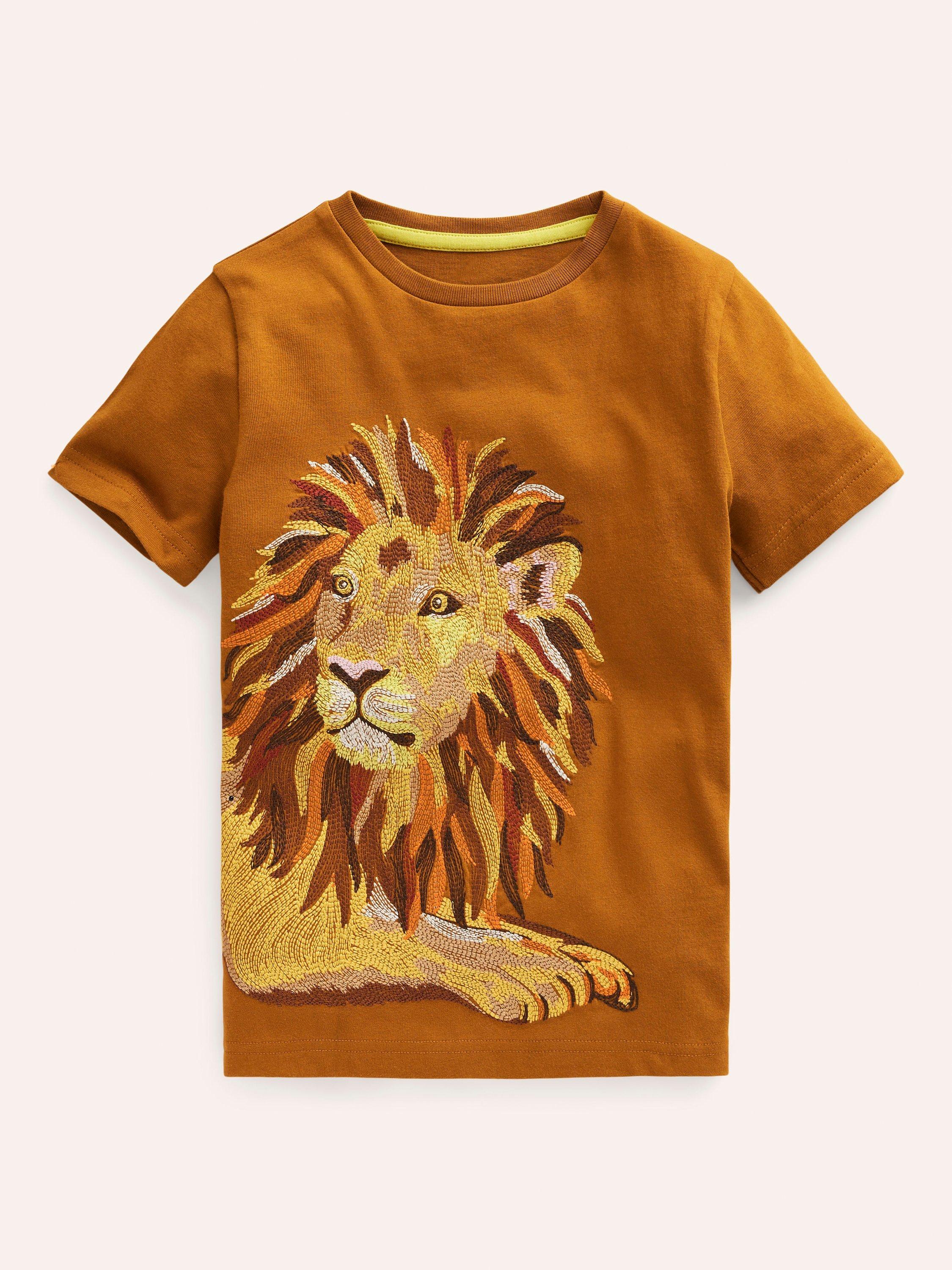Mini Boden Kids' Lion Superstitch T-Shirt, Chestnut