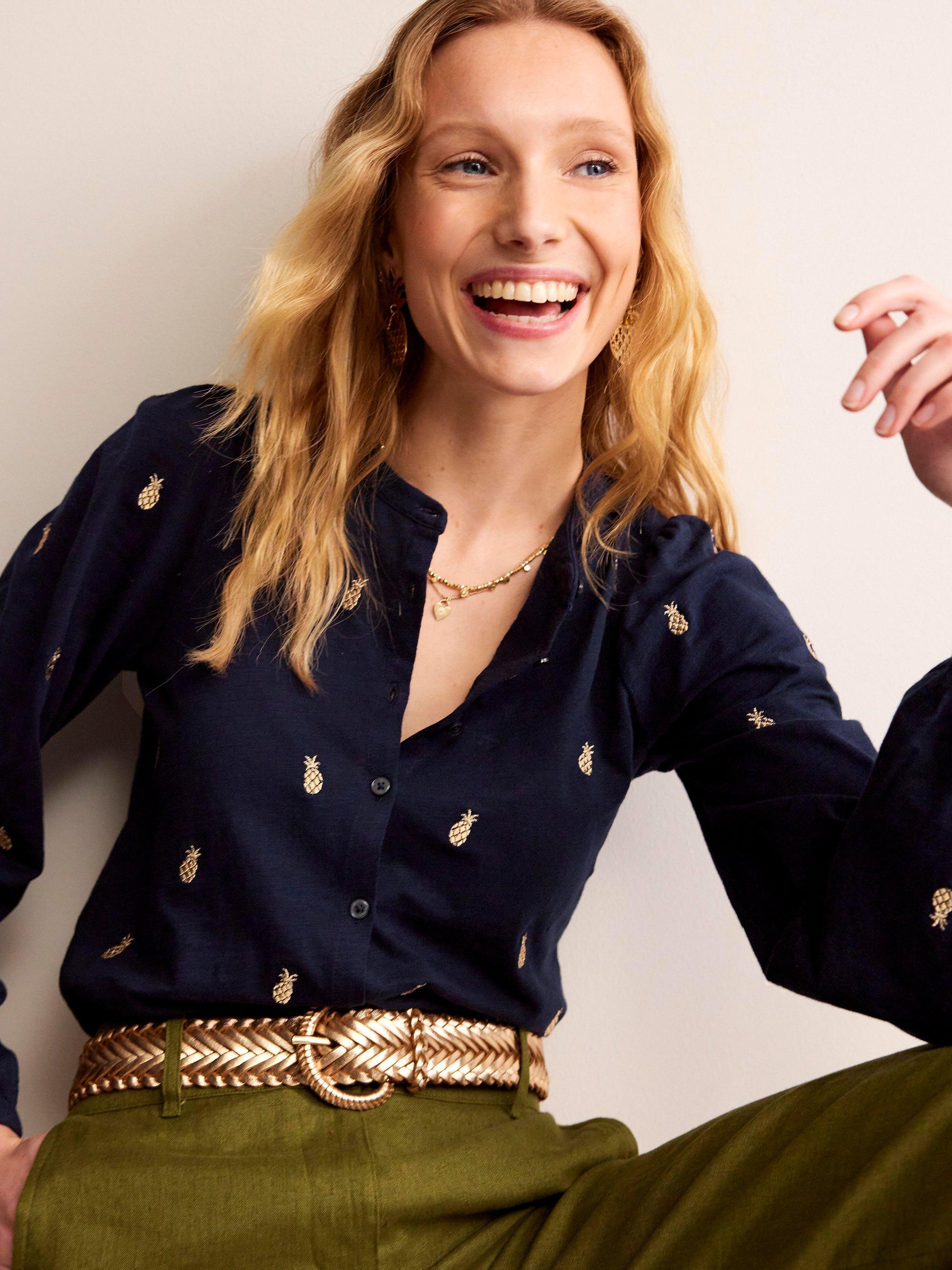 Boden Marina Pineapple Embroidery Cotton Blouse, Navy