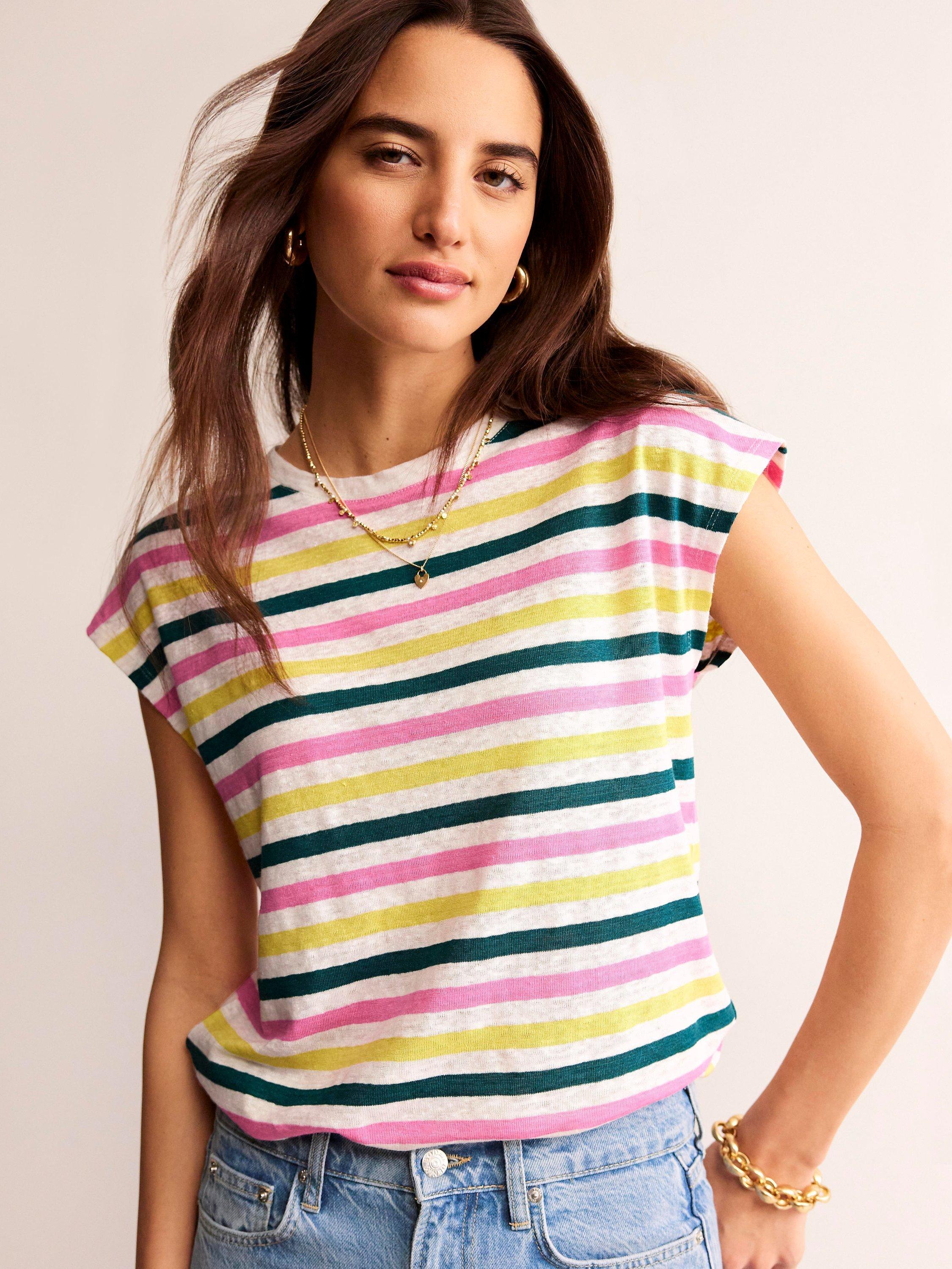 Boden Louisa Crew Neck Linen Stripe T-Shirt, Multi