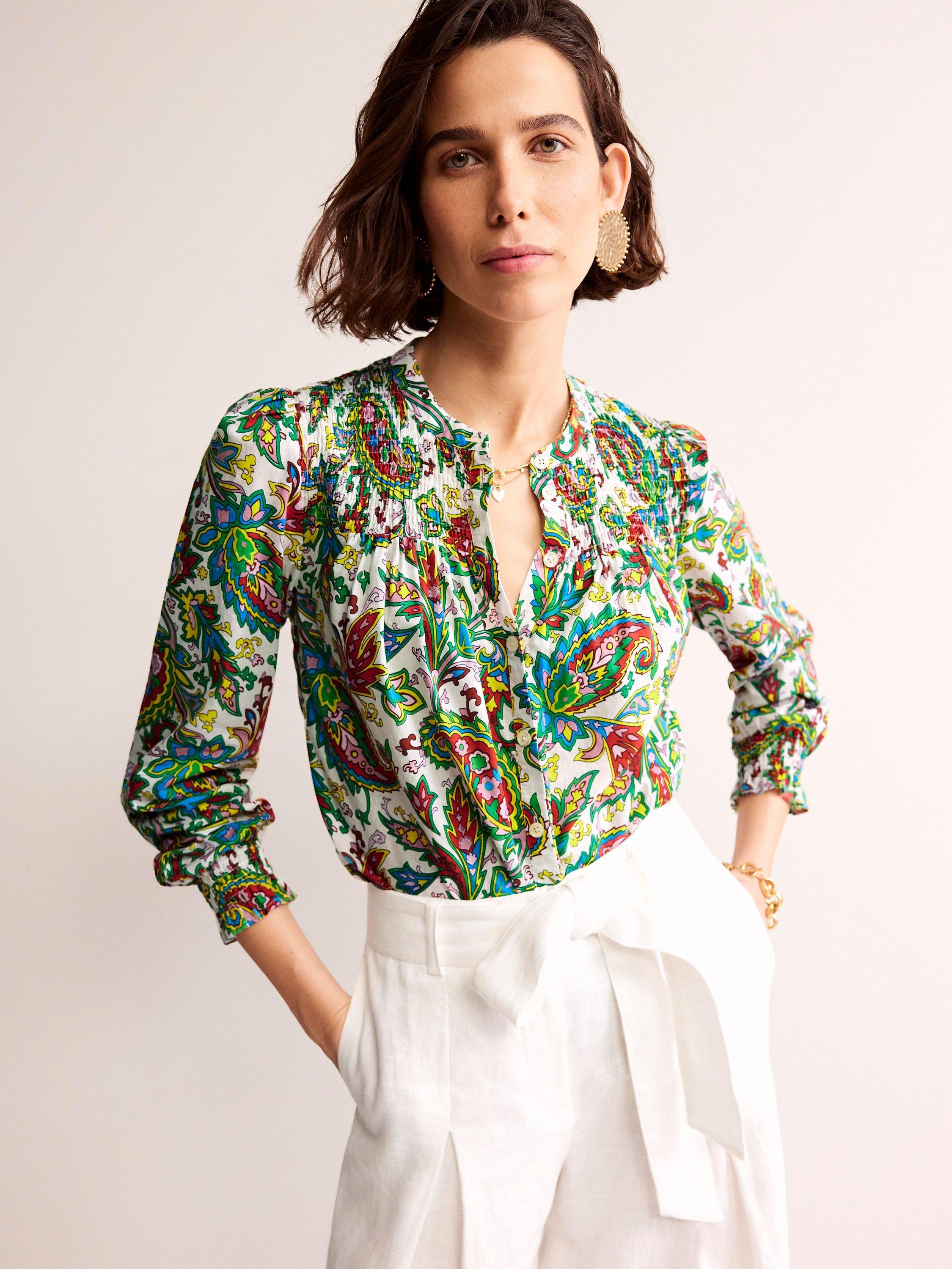Boden Helena Paisley Print Cotton Blouse, Azure/Multi