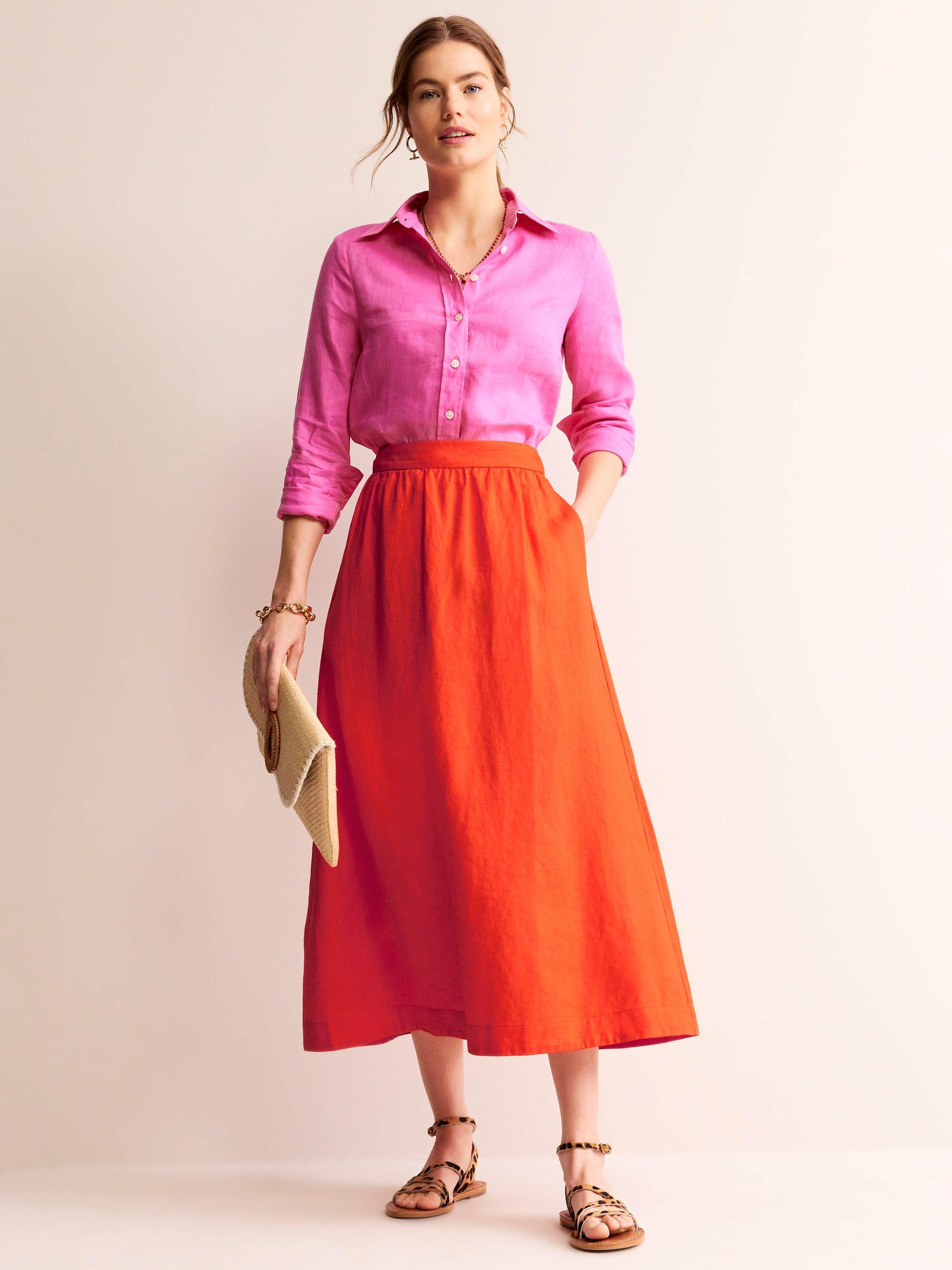 Boden Florence Linen Midi Skirt Orange