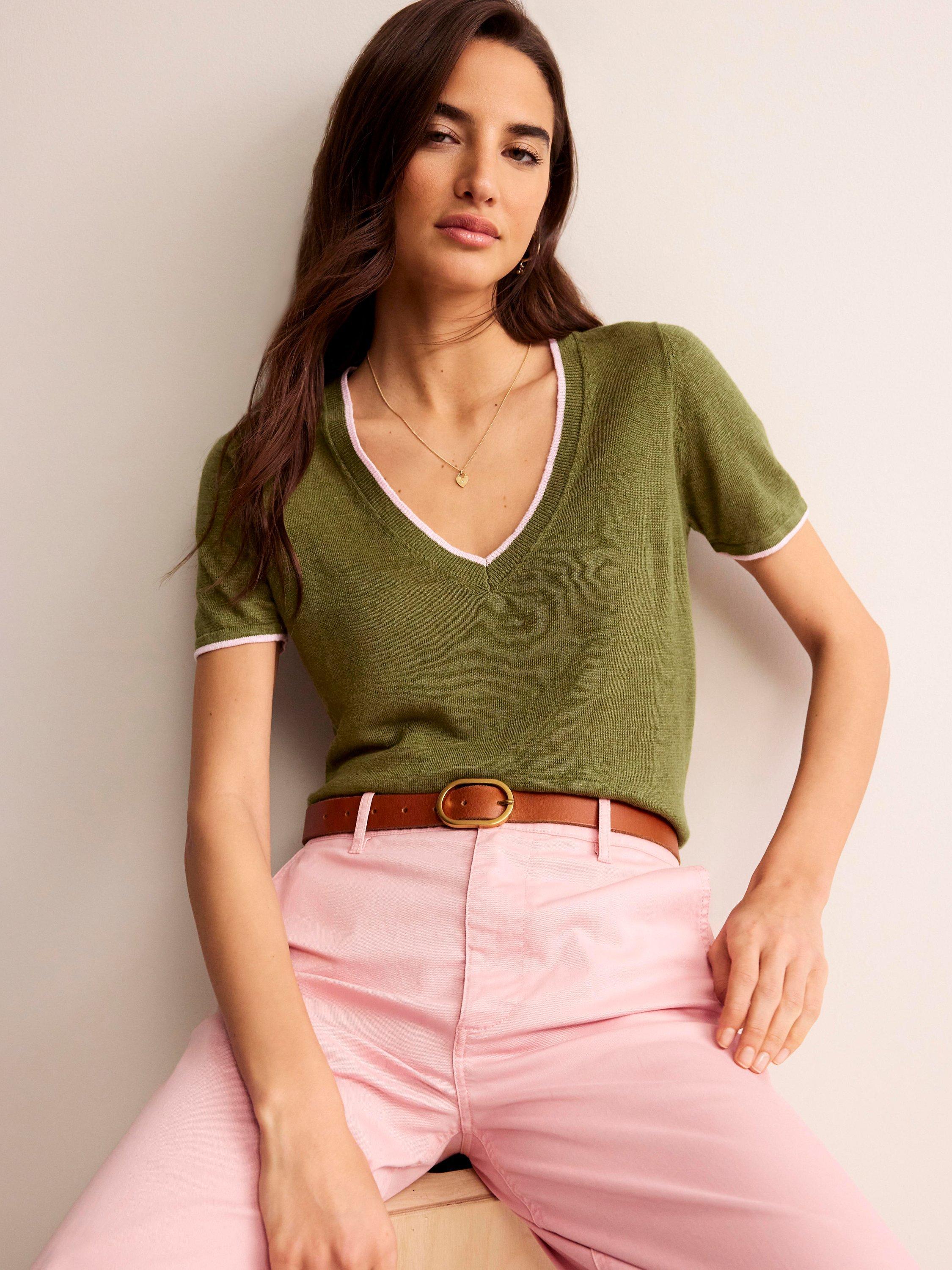 Boden Maggie V-Neck Linen T-Shirt, Mayfly Green