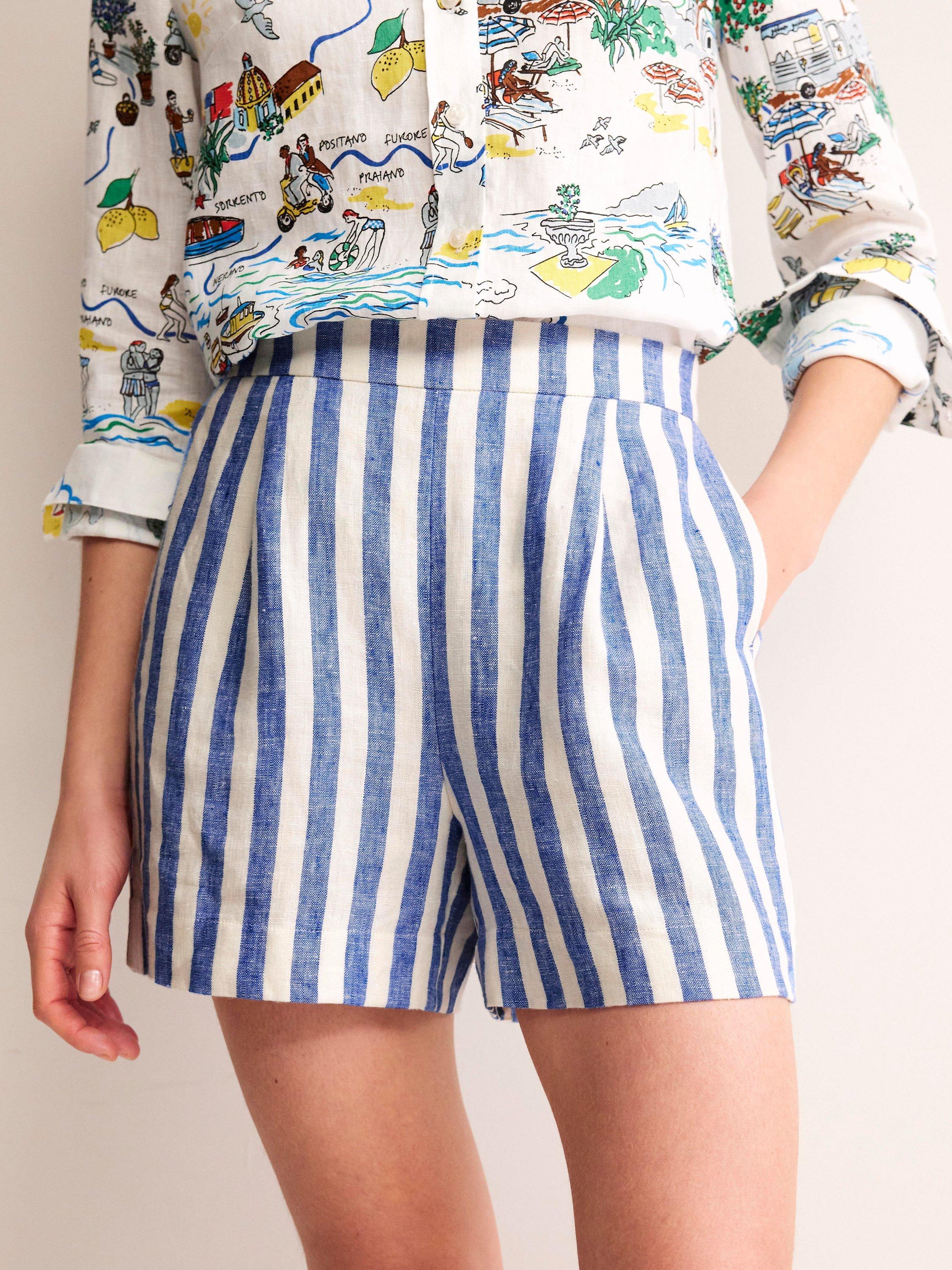 Boden Hampstead Striped Linen Shorts, Blue/Ivory, Blue & Ivory Stripe