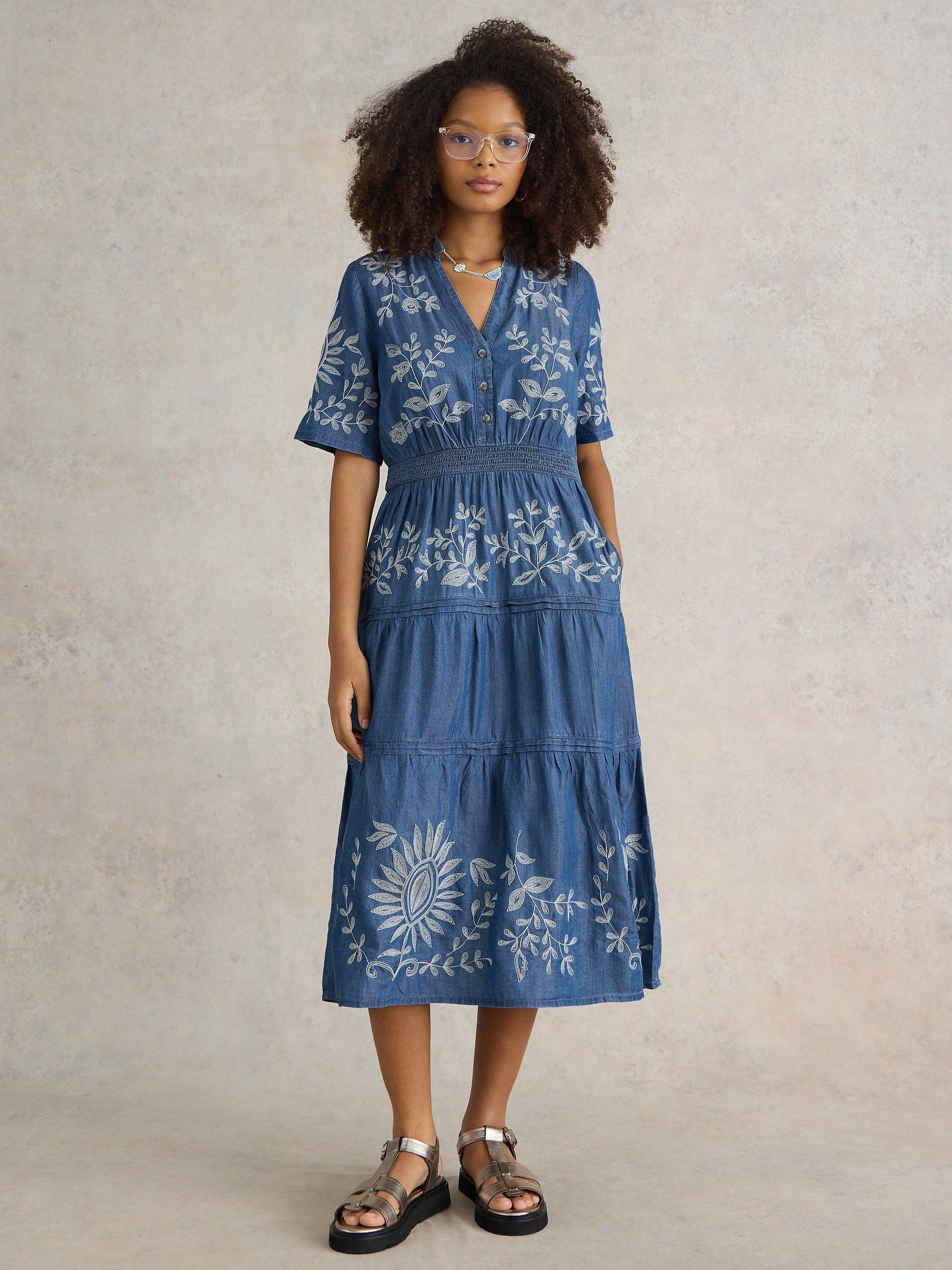 White Stuff Isla Embroidered Denim Midi Dress Light Denim