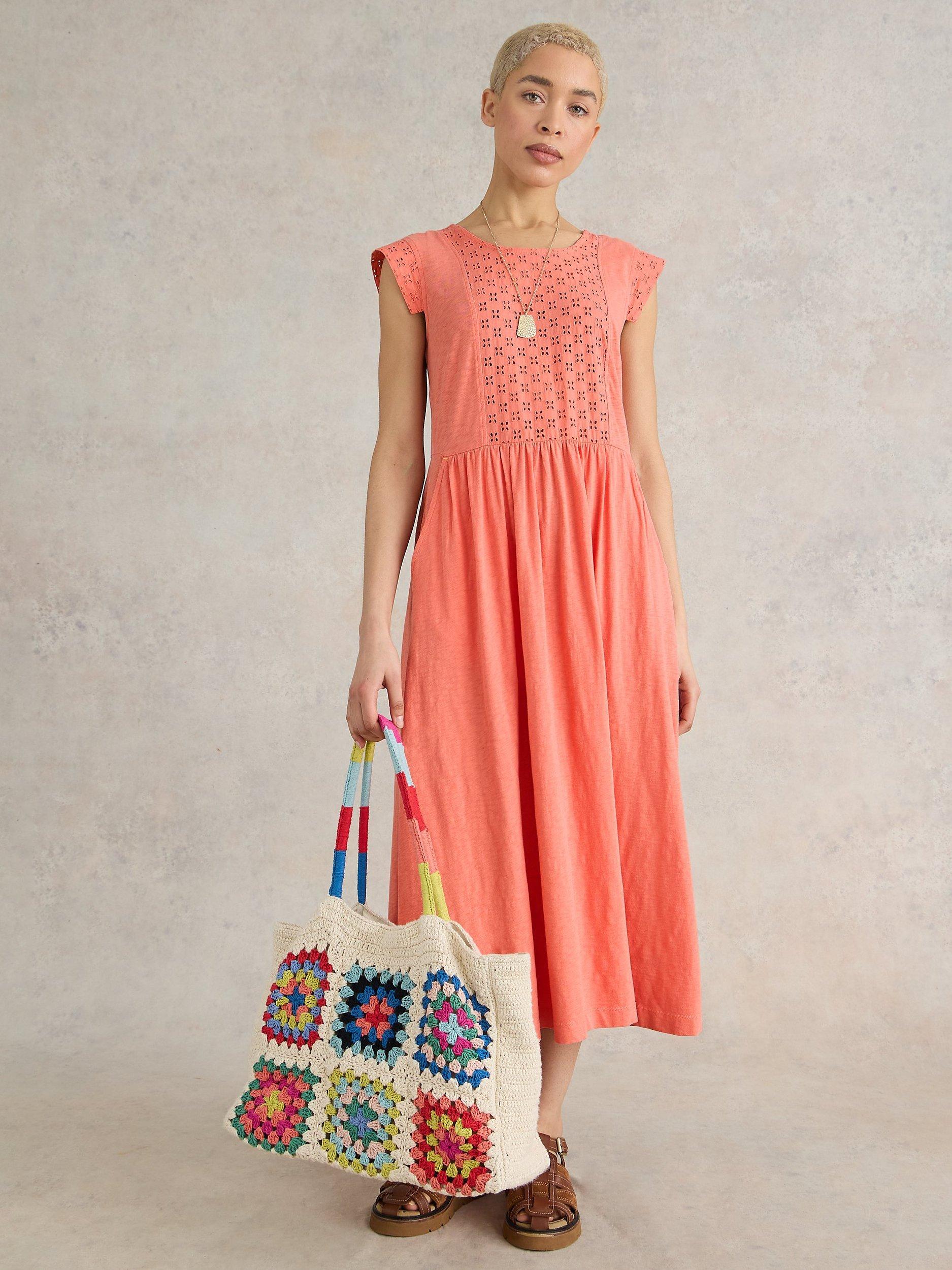 White Stuff Violet Broderie Anglaise Midi Cotton Dress, Bright Orange